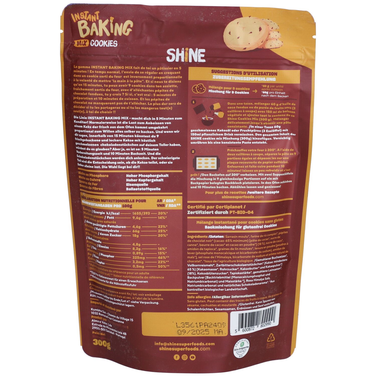 SHINE Instant Baking Mix Cookies aux pépites de chocolat bio sans gluten