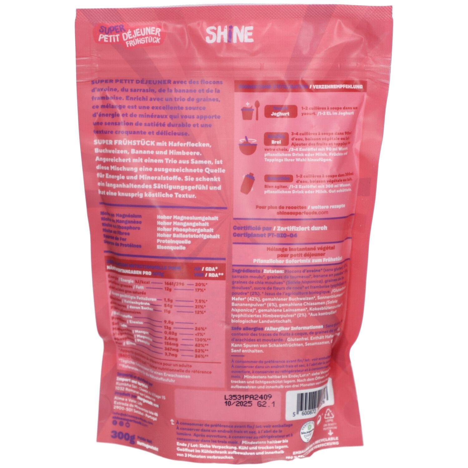 Rückseite der rosa "SHINE"-Verpackung. Text und Nährwertangaben. Bio-Zertifizierung. Barcode und Mindesthaltbarkeitsdatum.