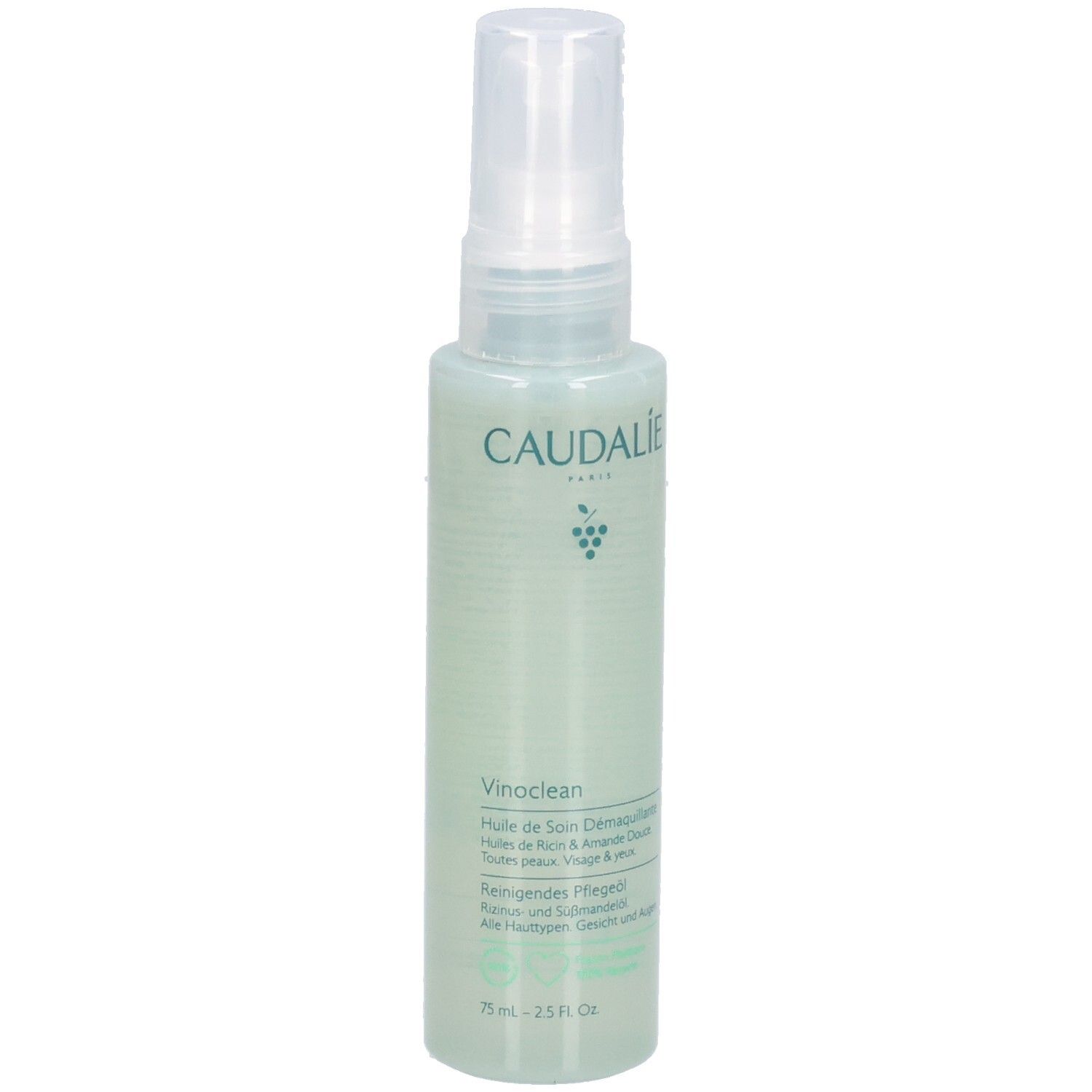 Reinigungsprodukt in einer transparenten Flasche mit Sprühkopf. Beschriftung: Caudalie, Vinoclean. Grünliche Flüssigkeit sichtbar.