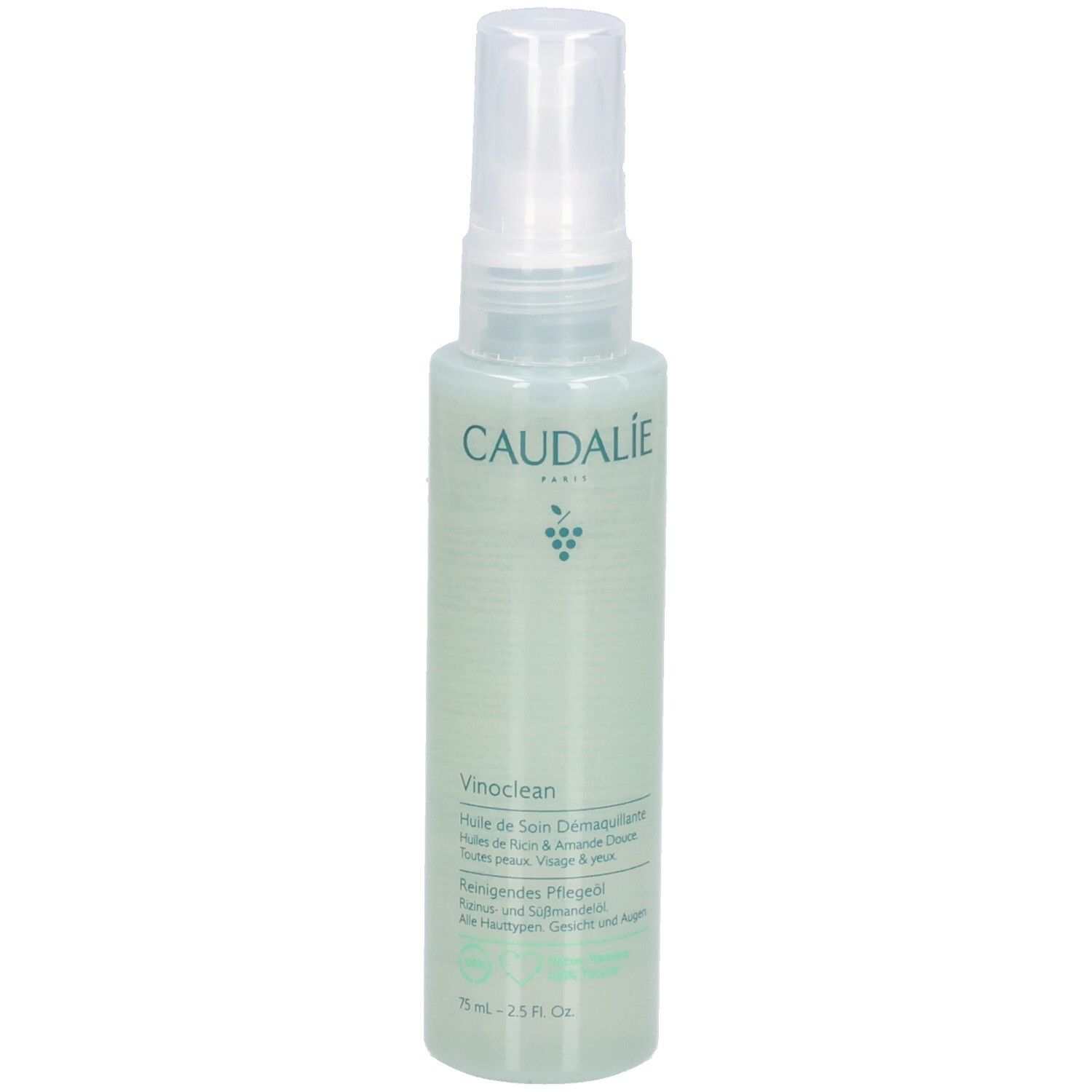 Reinigungsprodukt in einer transparenten Flasche mit Sprühkopf. Beschriftung: Caudalie, Vinoclean. Grünliche Flüssigkeit sichtbar.