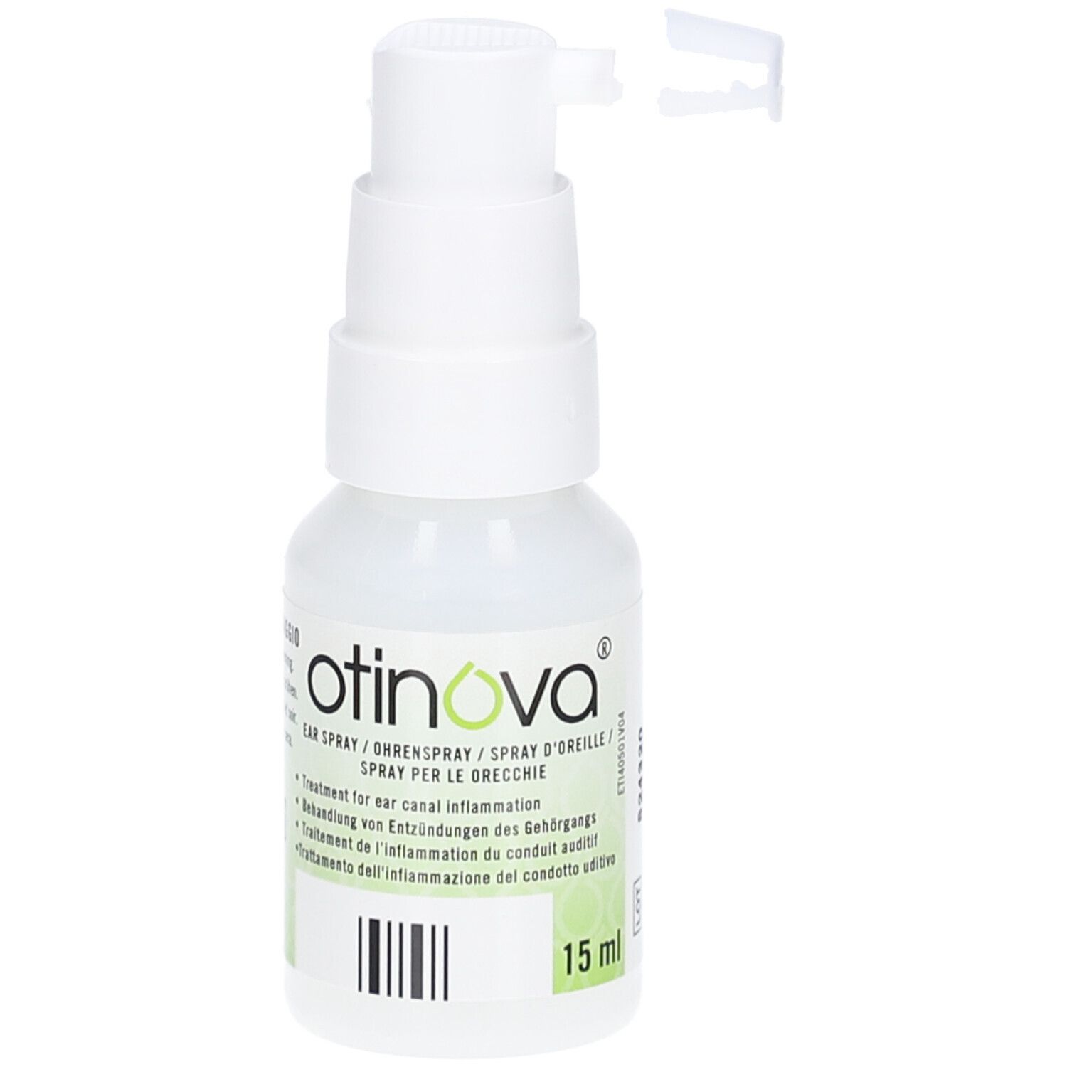 Flacon blanc avec pulvérisateur. OTINOVA Spray auriculaire. Texte: Traitement de l'inflammation du conduit auditif. 15 ml.