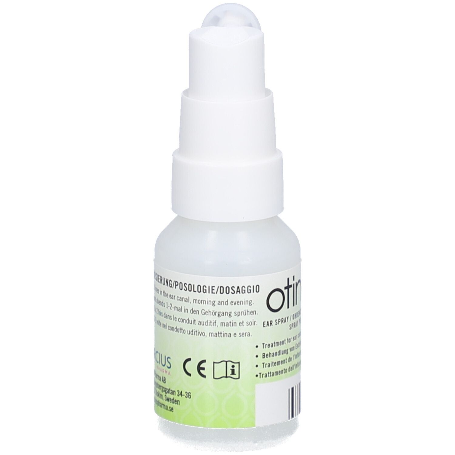 Flacon blanc avec pulvérisateur. OTINOVA Spray auriculaire. Texte: Posologie. Marque CE. Informations fabricant.