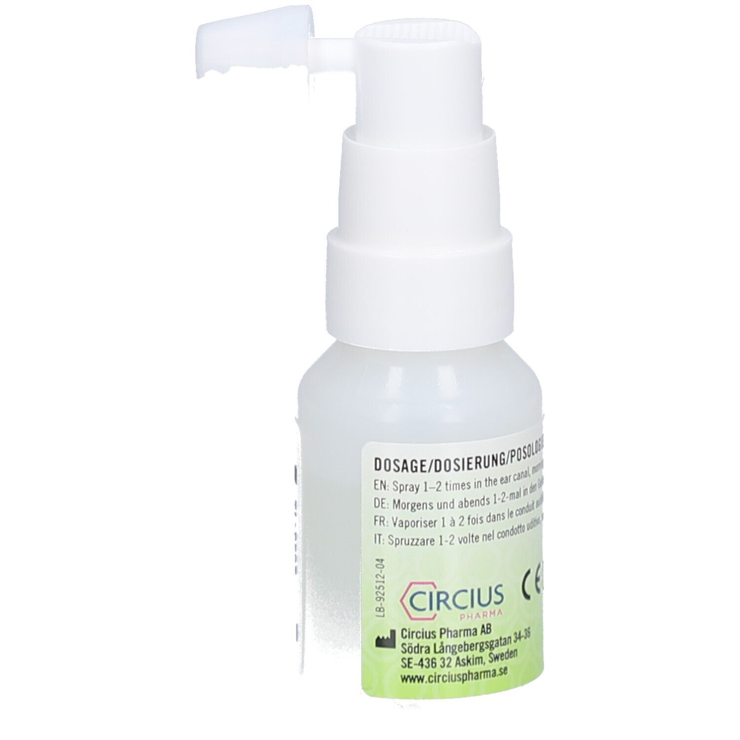 Flacon blanc avec pulvérisateur. OTINOVA Spray auriculaire. Texte: Dosage. Informations fabricant. Marque CE.