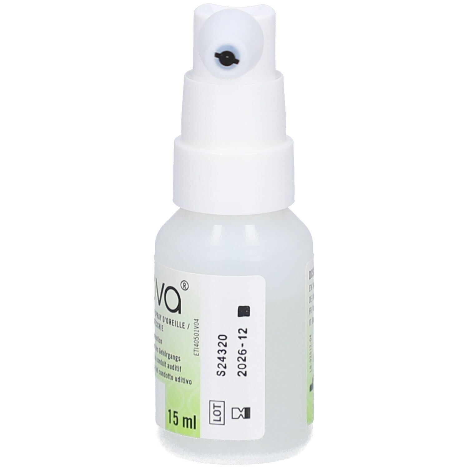 Flacon blanc avec pulvérisateur. OTINOVA Spray auriculaire. Texte: 15 ml. Numéro de lot et date de péremption.