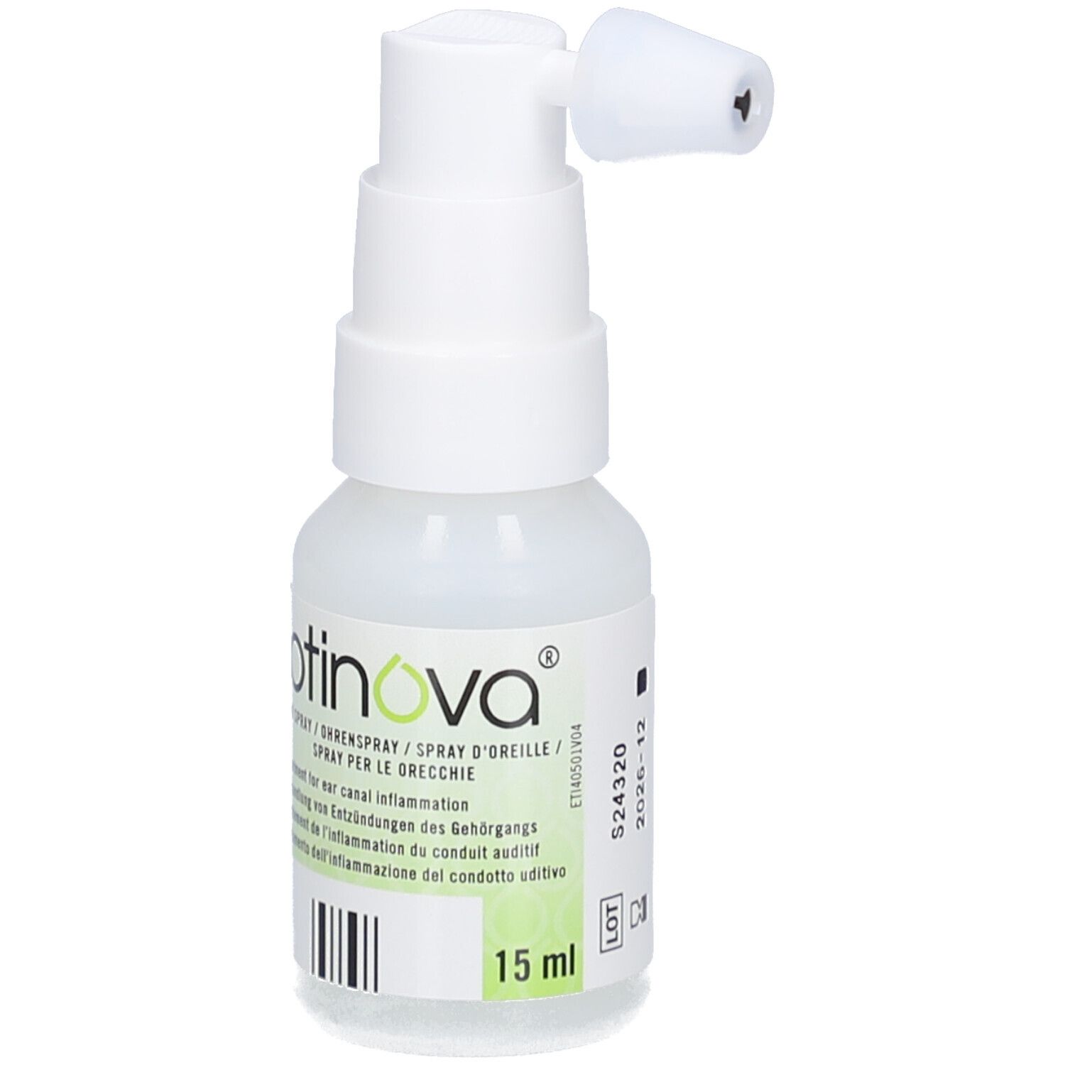 Flacon blanc avec pulvérisateur. OTINOVA Spray auriculaire. Texte: 15 ml. Numéro de lot et date de péremption.