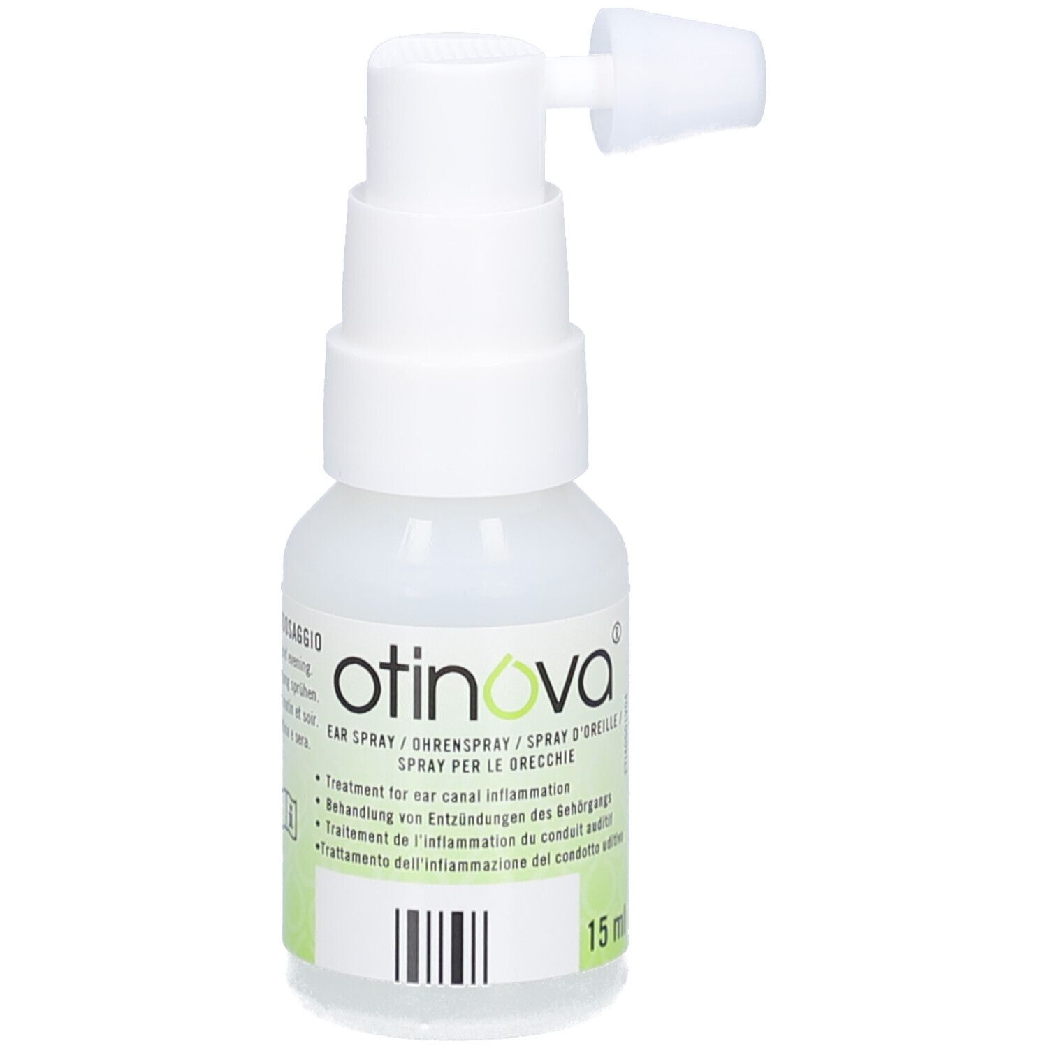 Flacon blanc avec pulvérisateur. OTINOVA Spray auriculaire. Texte: Traitement de l'inflammation du conduit auditif. 15 ml.