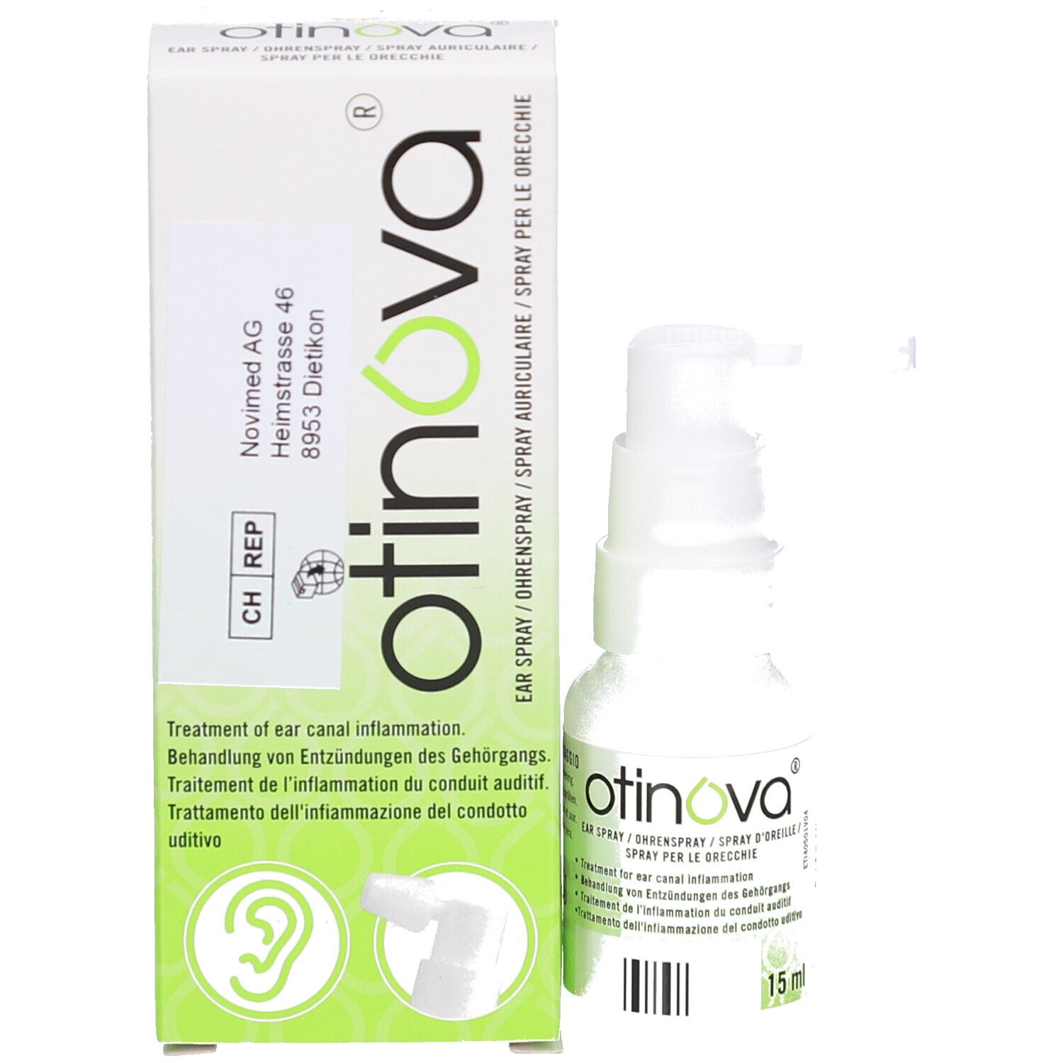 Boîte et flacon. OTINOVA Spray auriculaire. Texte: Traitement de l'inflammation du conduit auditif. 15 ml.