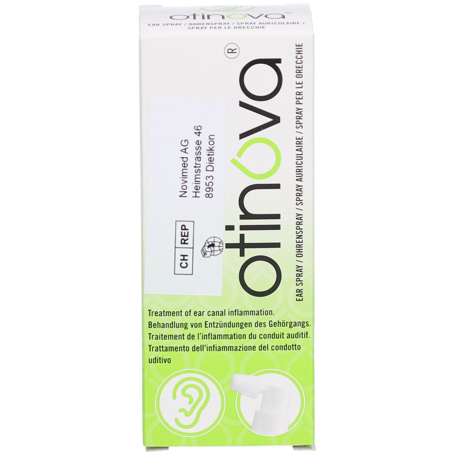 Boîte. OTINOVA Spray auriculaire. Texte: Traitement de l'inflammation du conduit auditif. Informations fabricant.