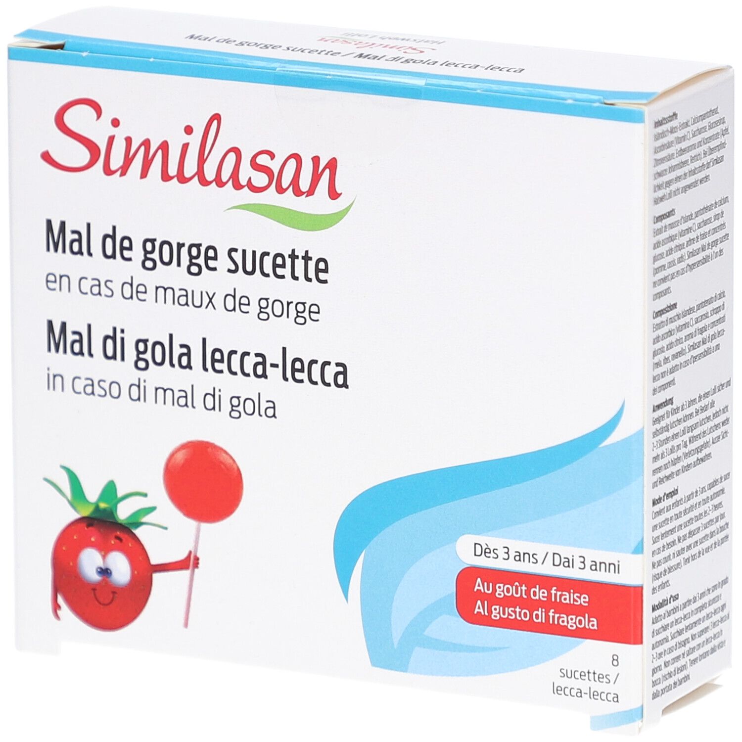 Boîte de Similasan Mal de gorge sucette. Contient 8 sucettes goût fraise. Pour enfants dès 3 ans.