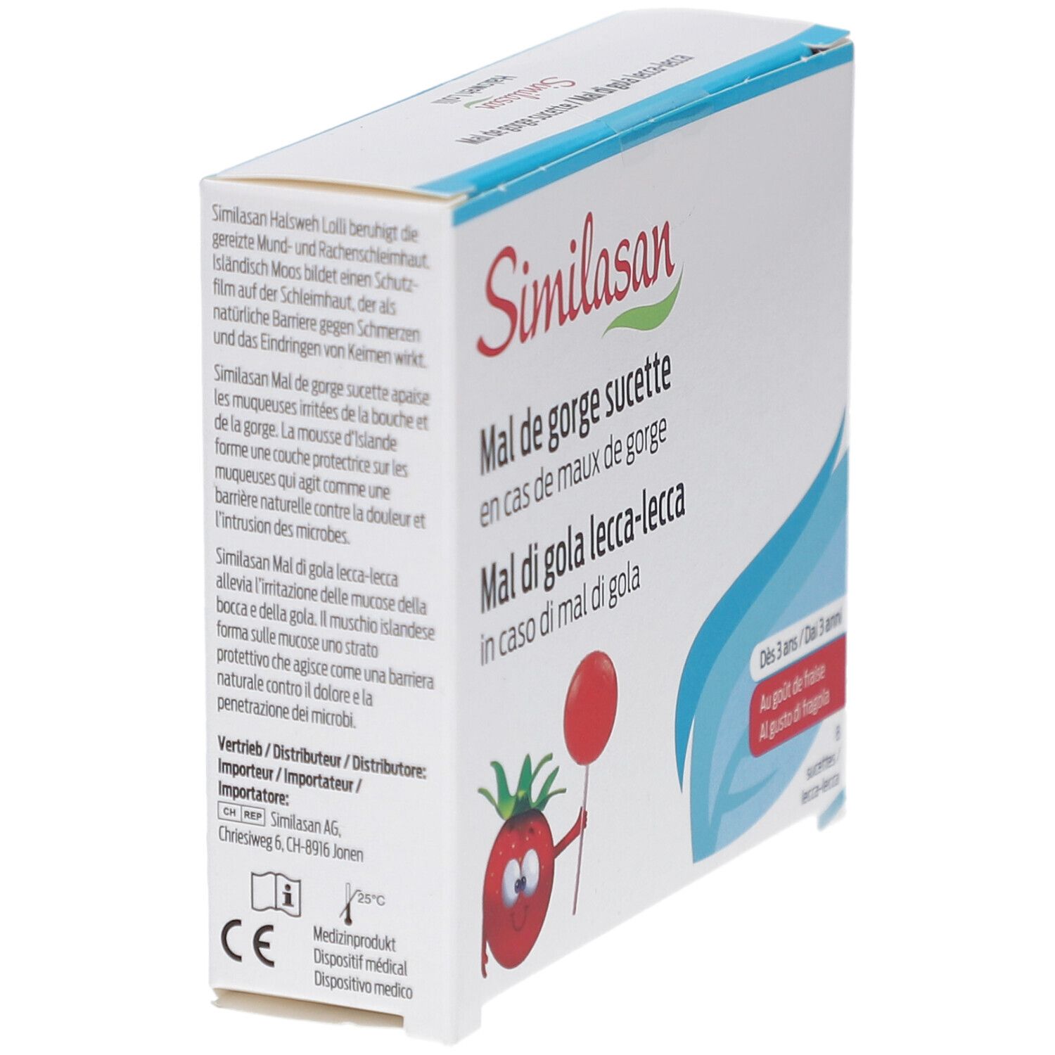 Vue en biais de la boîte Similasan Mal de gorge sucette. Texte et illustrations sur fond blanc.