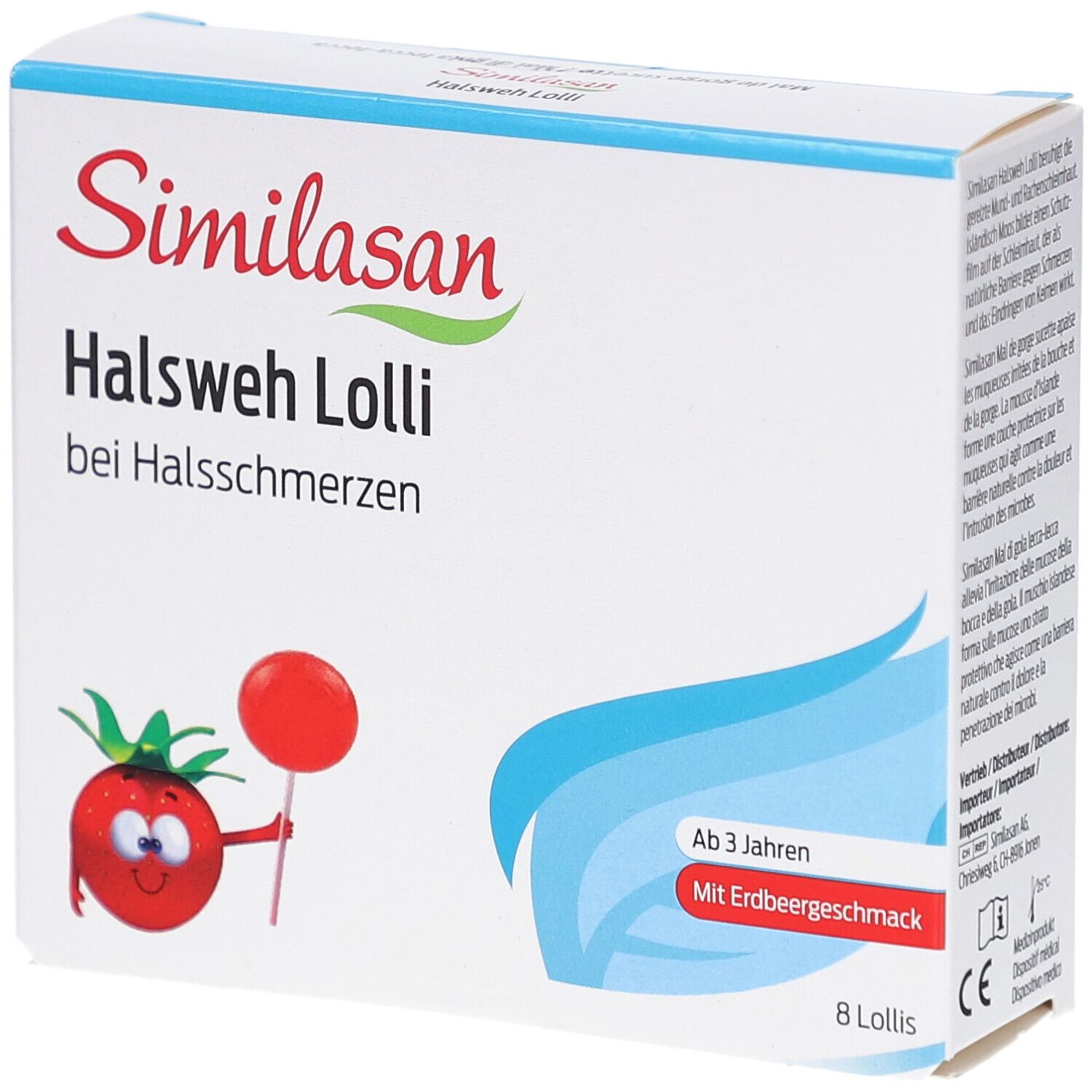 Boîte de Similasan Halsweh Lolli. Contient 8 sucettes goût fraise. Pour enfants dès 3 ans.