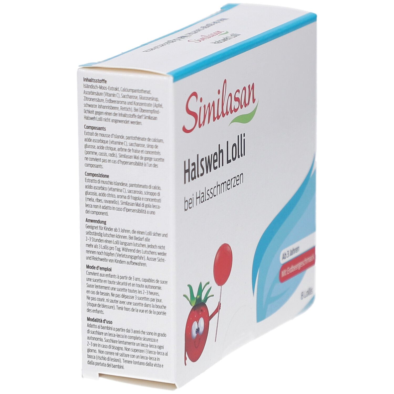 Vue en biais de la boîte Similasan Halsweh Lolli. Texte et illustrations sur fond blanc.
