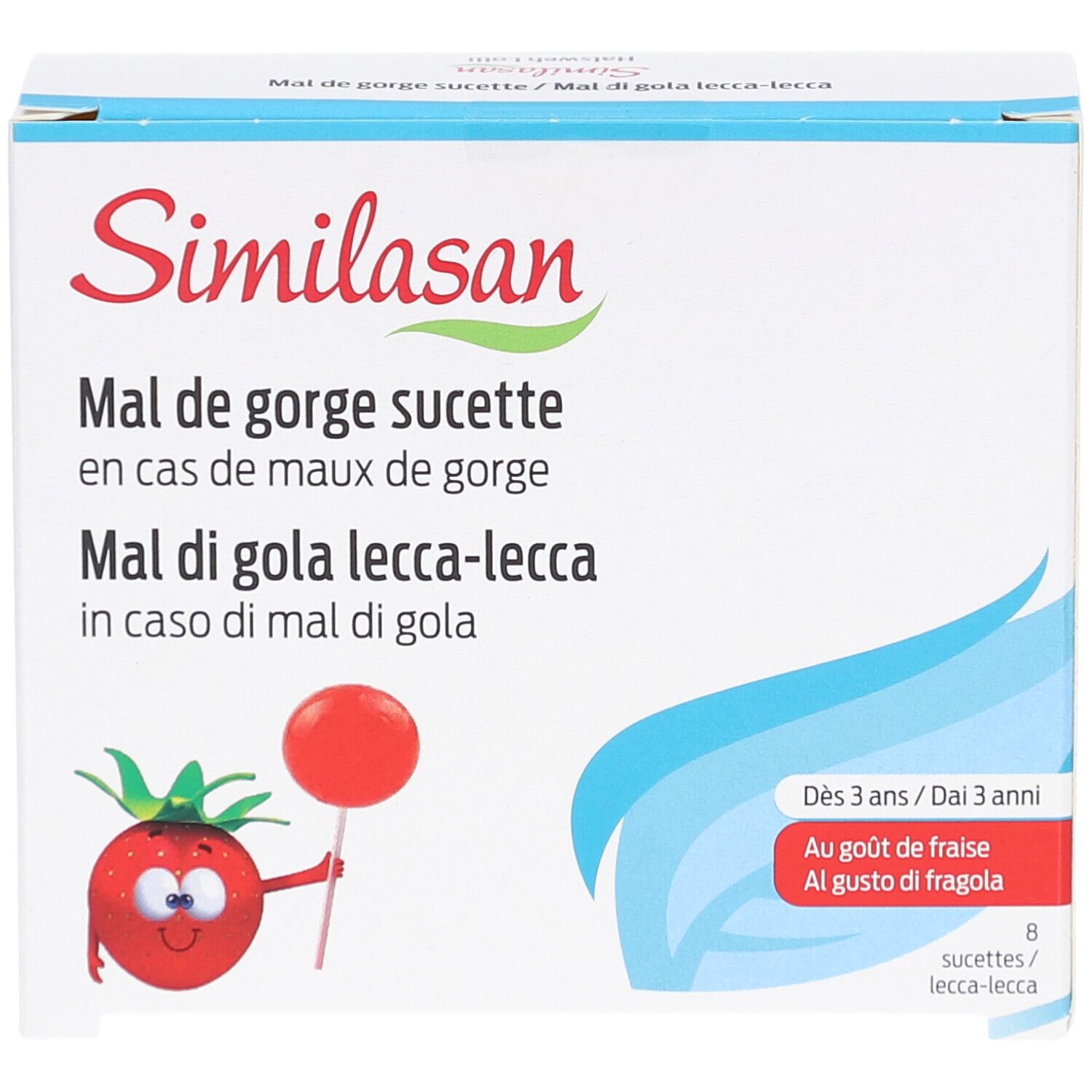 Boîte de Similasan Mal de gorge sucette. Contient 8 sucettes goût fraise. Pour enfants dès 3 ans.