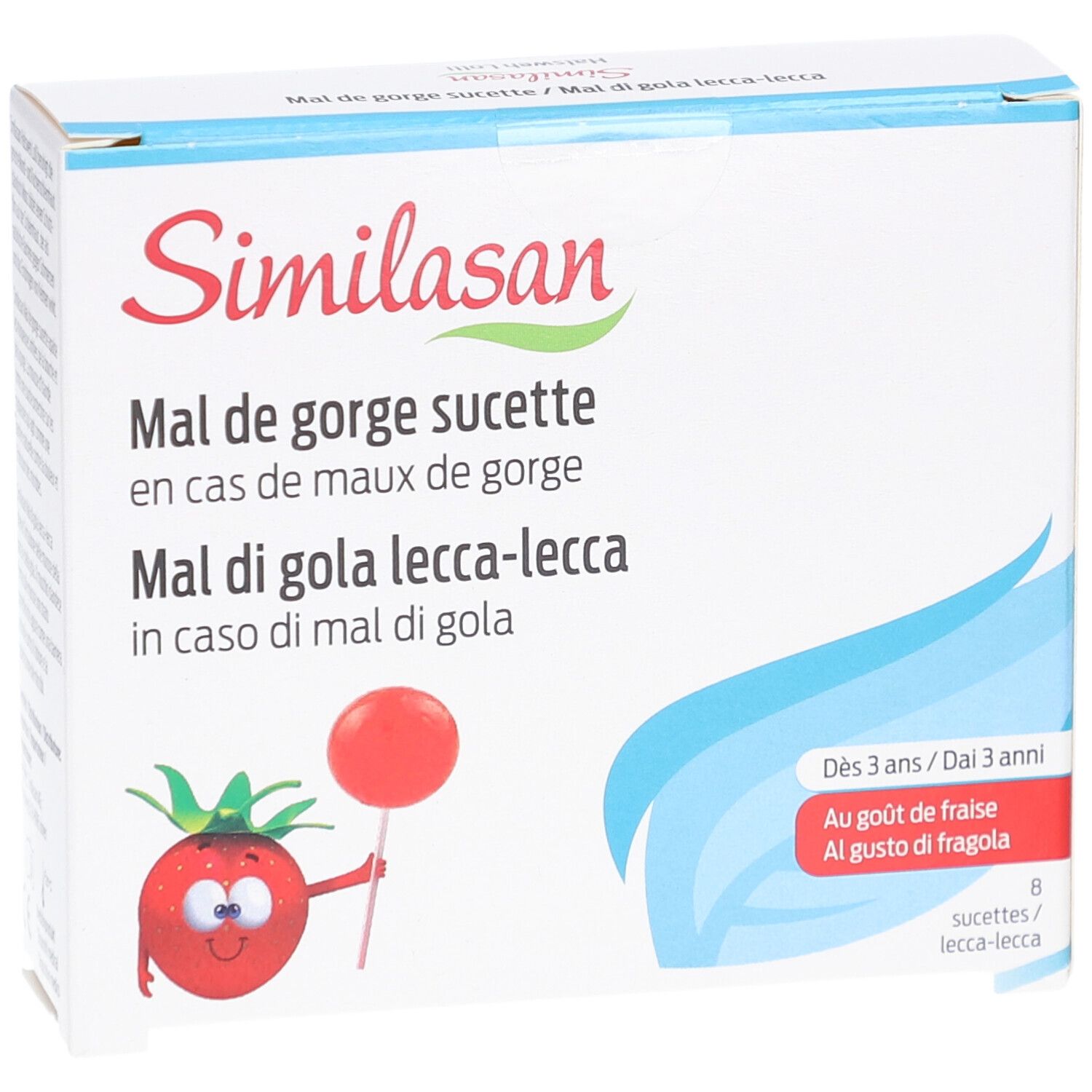 Boîte de Similasan Mal de gorge sucette. Contient 8 sucettes goût fraise. Pour enfants dès 3 ans.