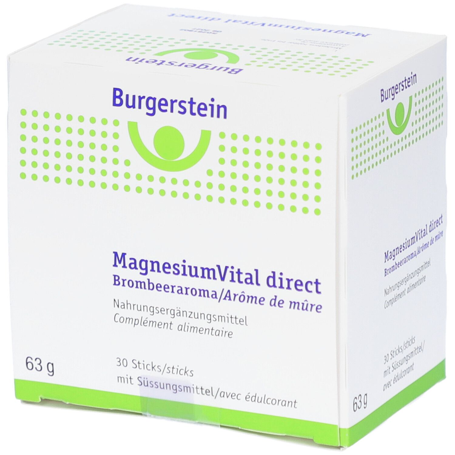 Boîte blanche avec logo "Burgerstein" et "MagnesiumVital direct". Contient 30 sticks. 63g.