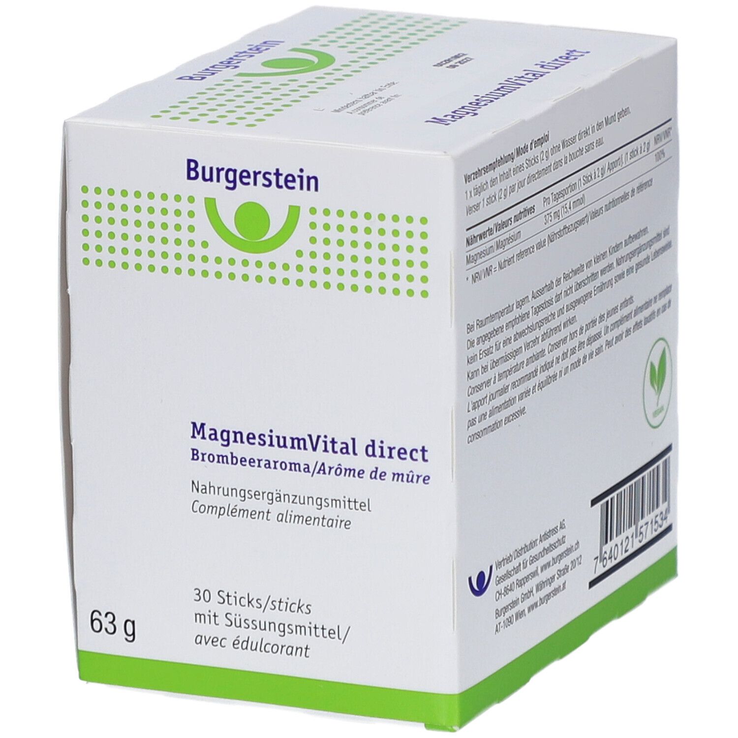 Boîte blanche avec logo "Burgerstein" et "MagnesiumVital direct". 30 sticks. 63g. Bordure verte.