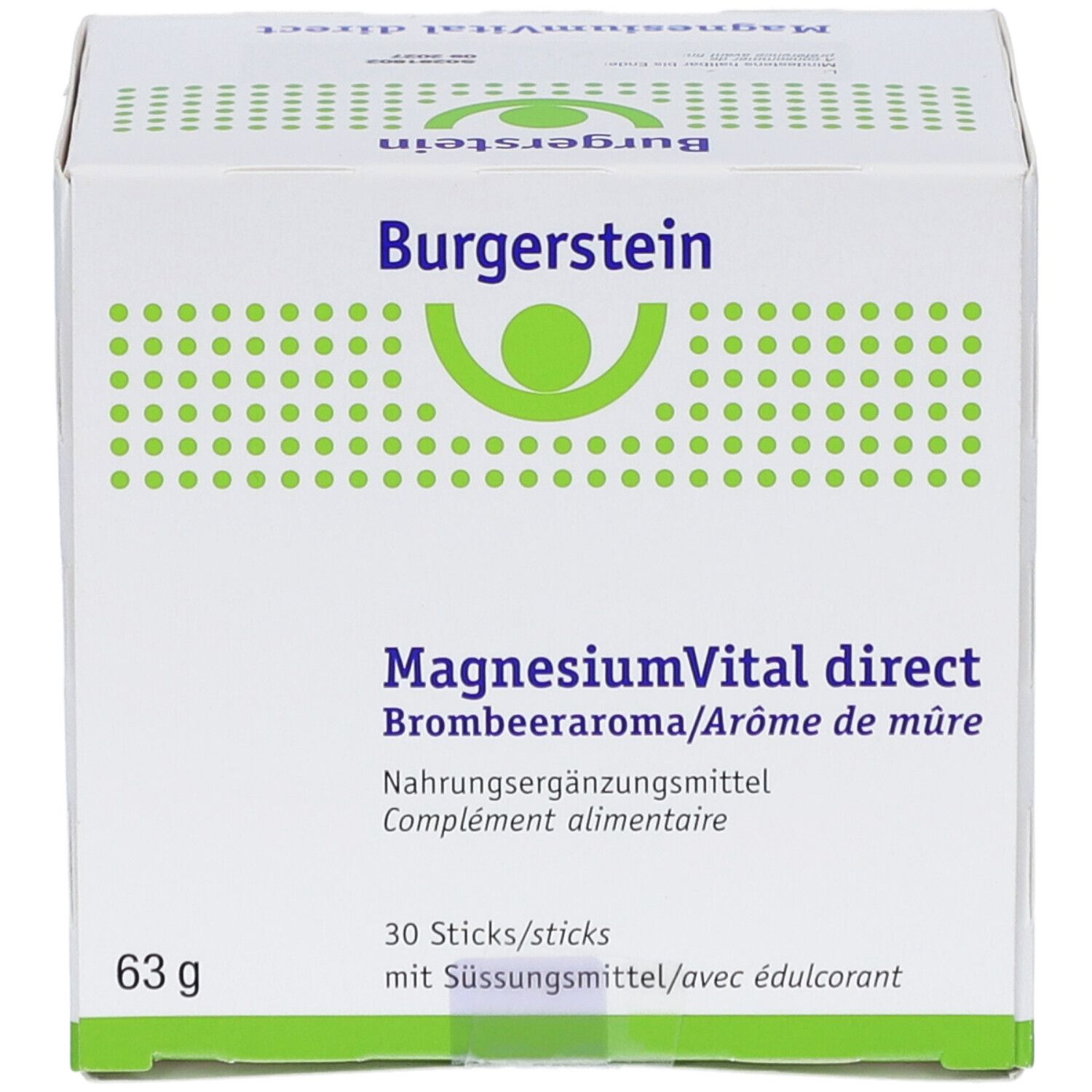 Boîte blanche avec logo "Burgerstein" et "MagnesiumVital direct". 30 sticks. 63g.