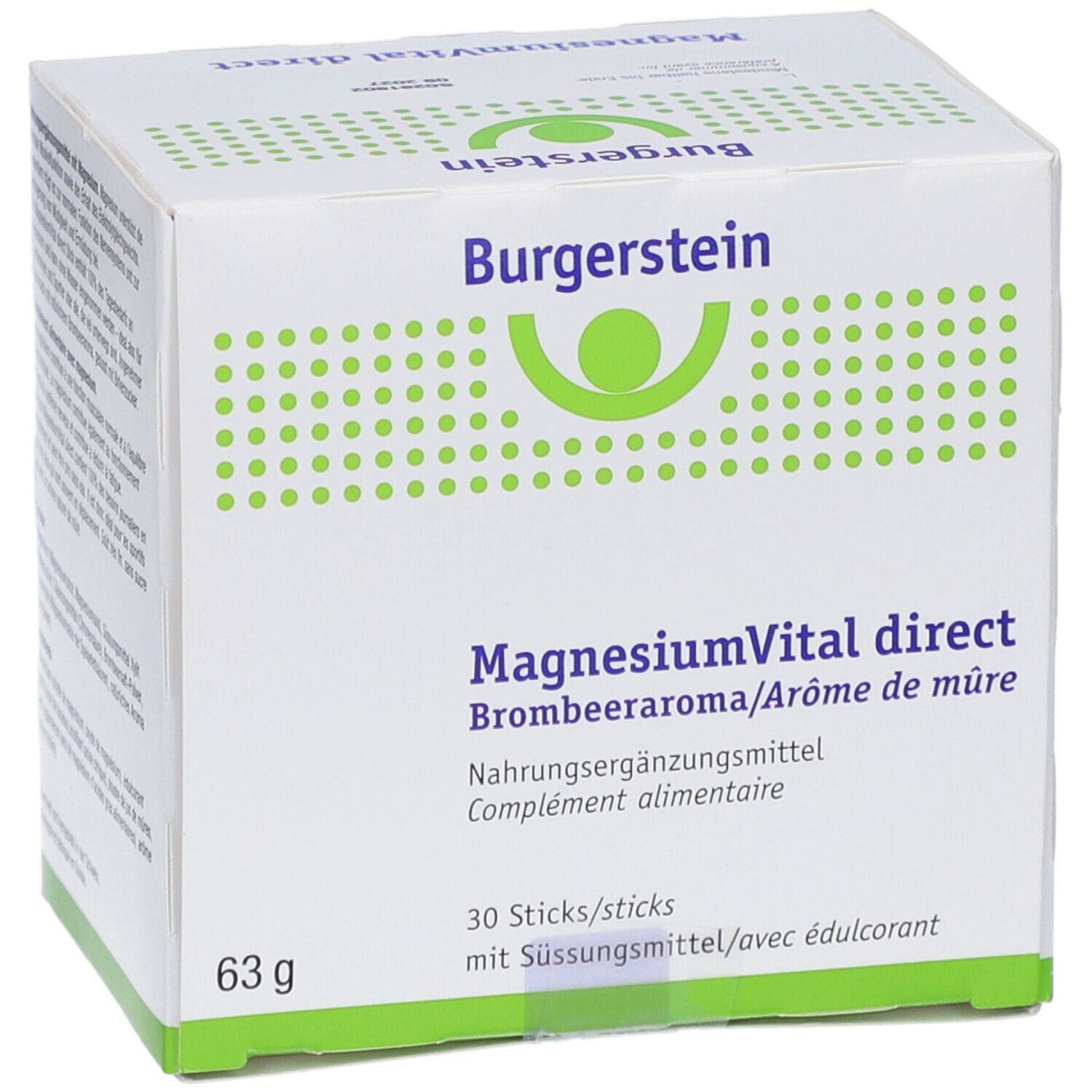 Boîte blanche avec logo "Burgerstein" et "MagnesiumVital direct". 30 sticks. 63g.