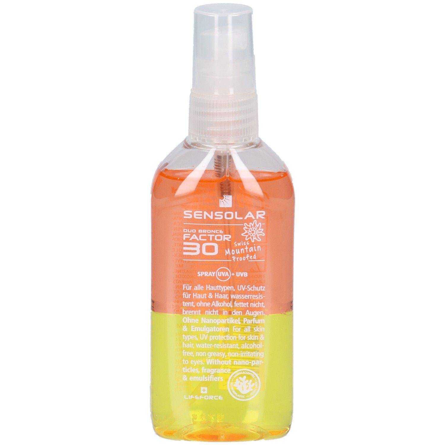 Transparente Flasche mit Sprühkopf. Zweifarbige Flüssigkeit: orange und gelb. Aufschrift: SENSOLAR, SPF 30, Spray solaire UVA + UVB.