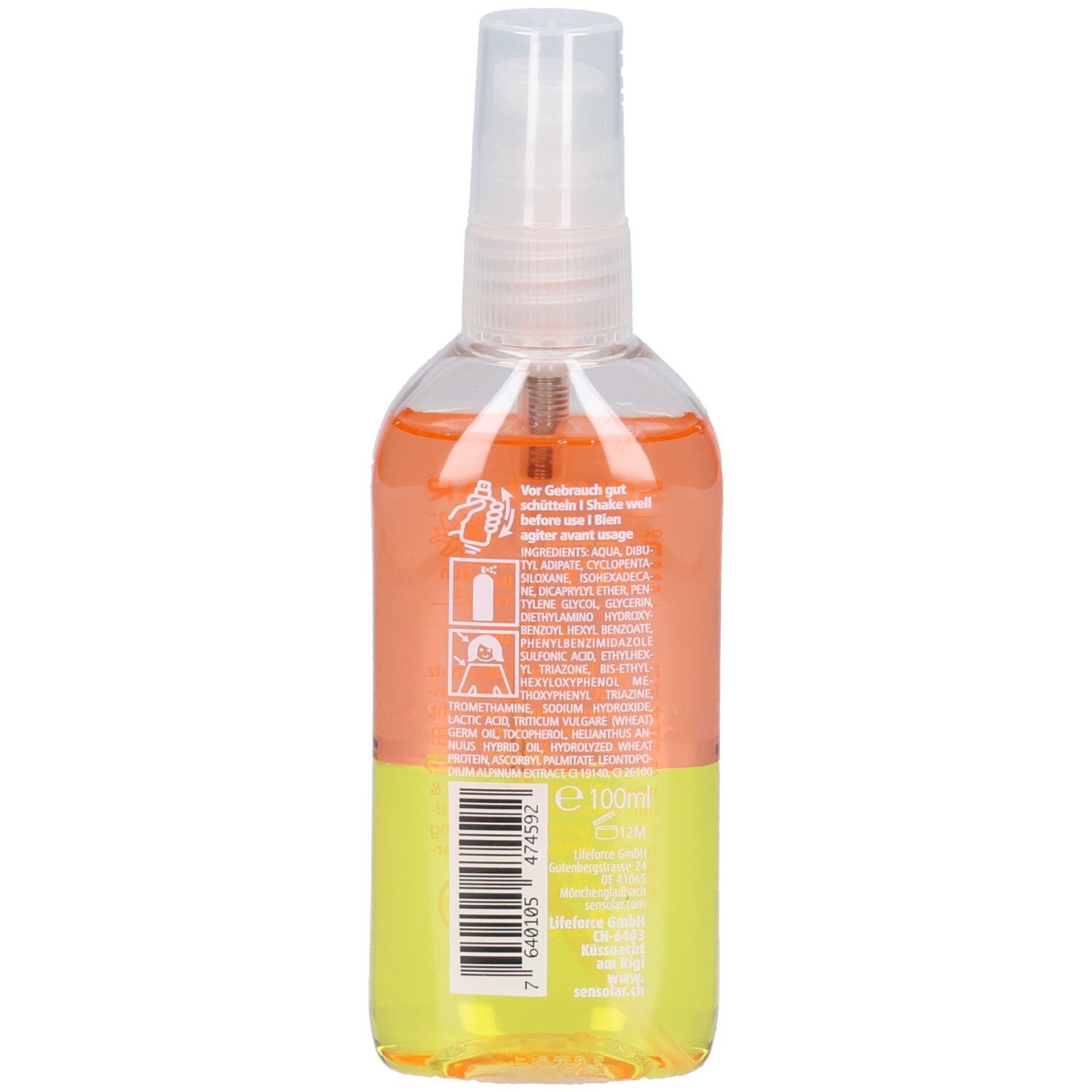 Transparente Flasche mit Sprühkopf. Zweifarbige Flüssigkeit: orange und gelb. Rückseite mit Text und Barcode. Aufschrift: SENSOLAR.