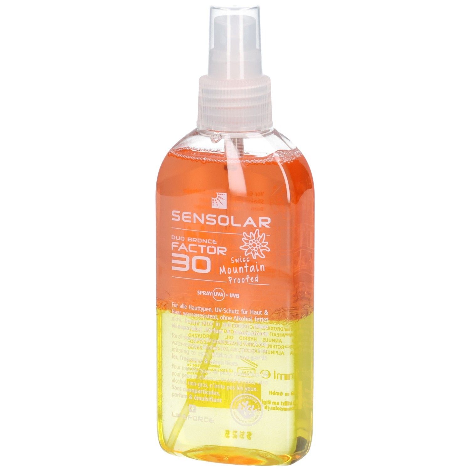 Sonnenspray-Flasche. Transparent, mit orangefarbener und gelber Flüssigkeit. Aufschrift: SENSOLAR, LSF 30. Mit Sprühkopf.