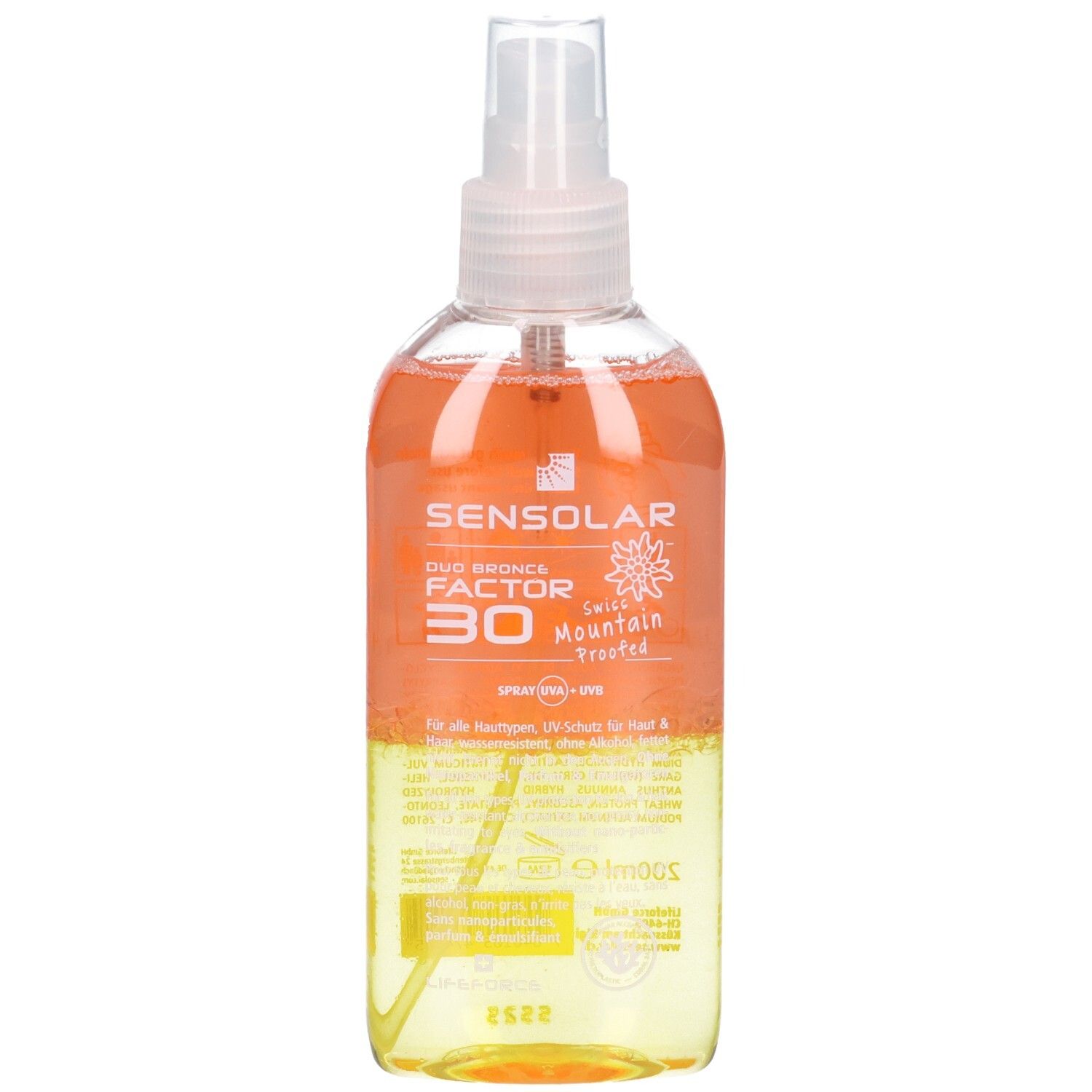 Sonnenspray-Flasche. Transparent, mit orangefarbener und gelber Flüssigkeit. Aufschrift: SENSOLAR, LSF 30. Mit Sprühkopf.