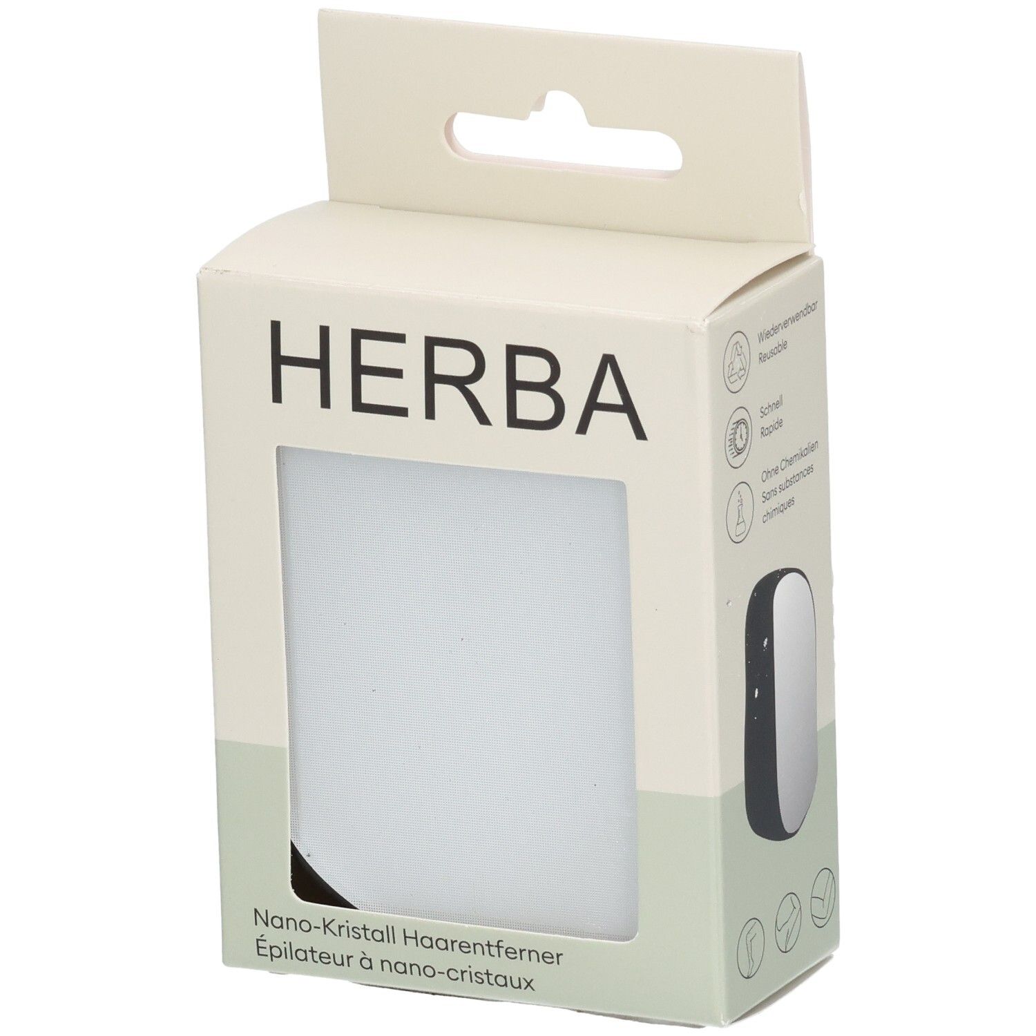 Verpackung eines Herba Nano-Kristall Haarentferners. Ovaler, silberner Haarentferner sichtbar.