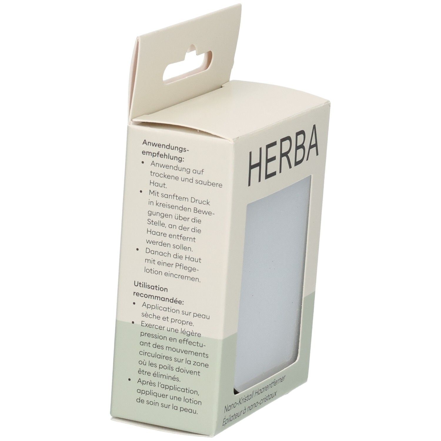HERBA Kristall Haarentferner Box mit Anwendungshinweisen.