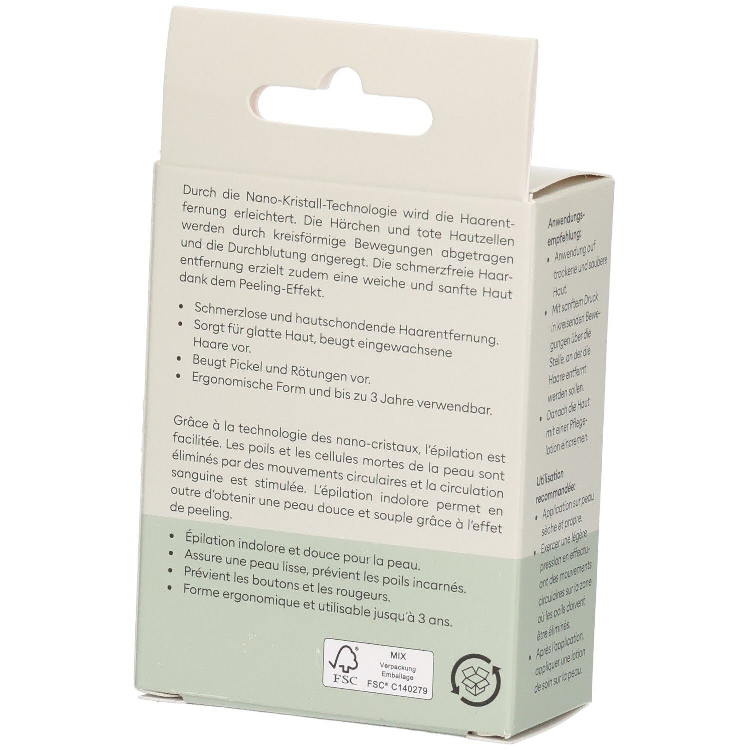 Verpackung eines Haarentfernungsgeräts mit Nano-Kristall-Technologie, mehrsprachigen Produktinformationen und FSC-Siegel.