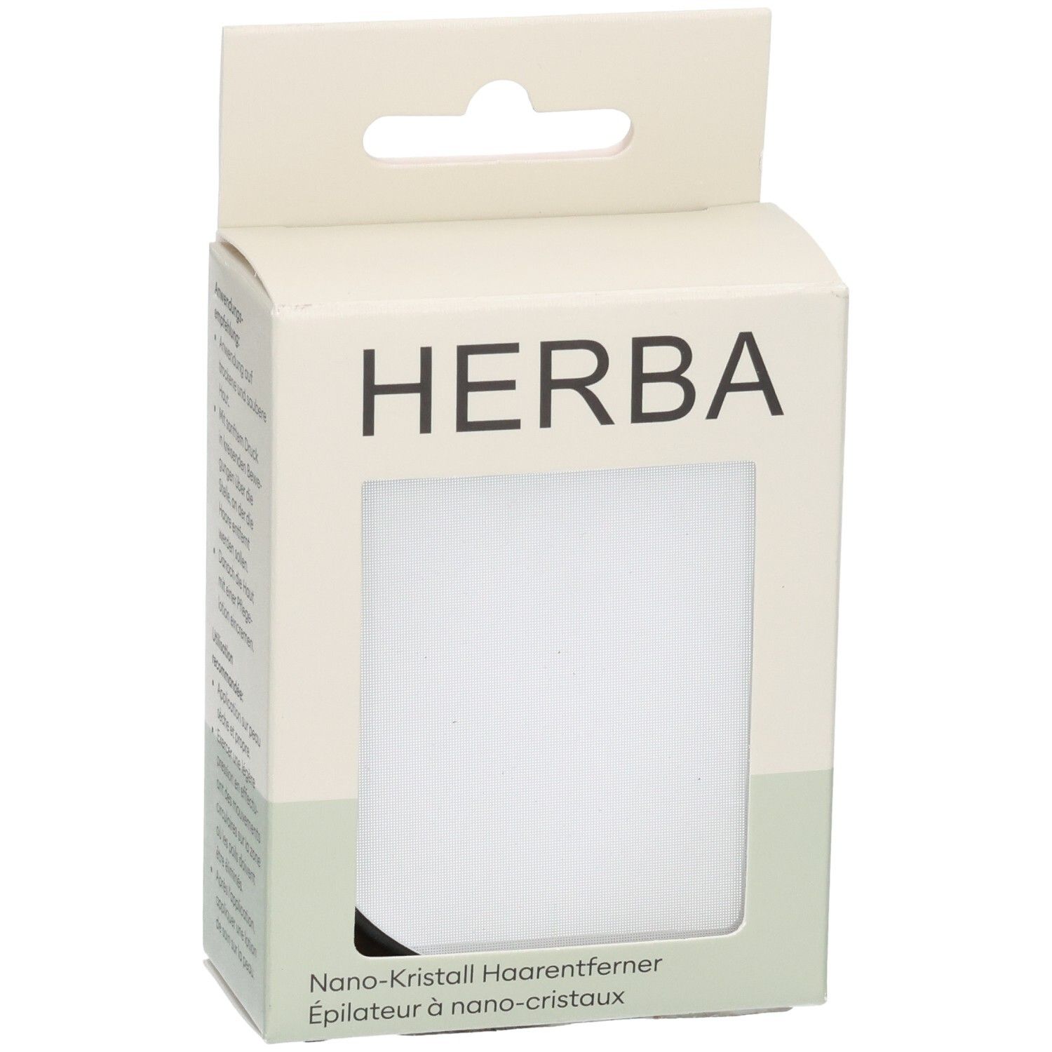 HERBA Nano-Kristall Haarentferner in weißer Kartonverpackung mit Sichtfenster.