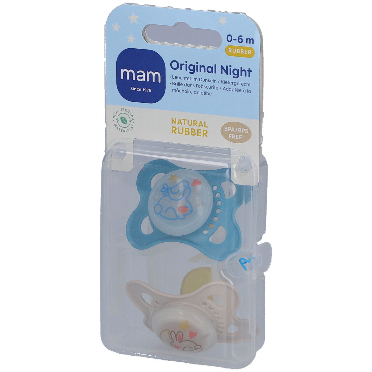Zwei Schnuller in Verpackung. Blau und beige. Marke MAM, Original Night. 0-6 Monate.