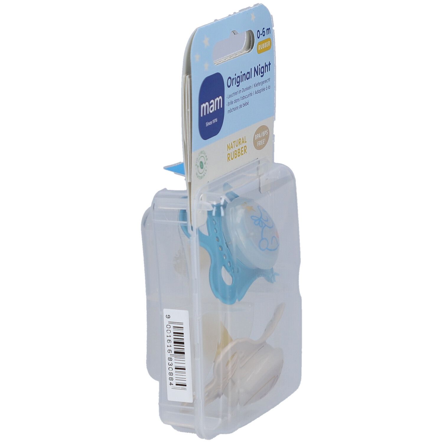 Verpackung mit zwei Schnullern. Marke MAM, Original Night. Blaue und beige Schnuller.