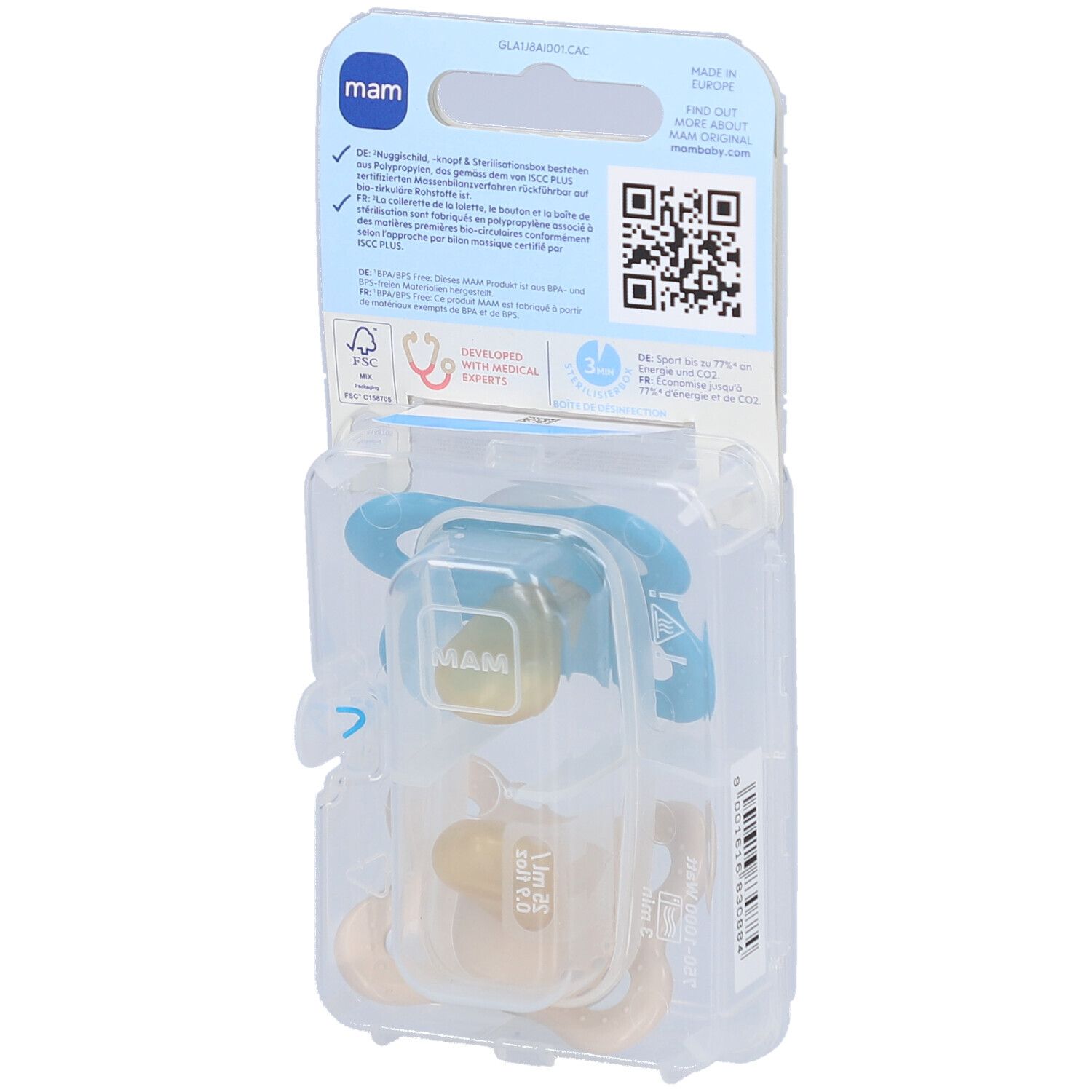 Rückseite der Verpackung mit zwei Schnullern. Marke MAM, Original Night. Informationen.