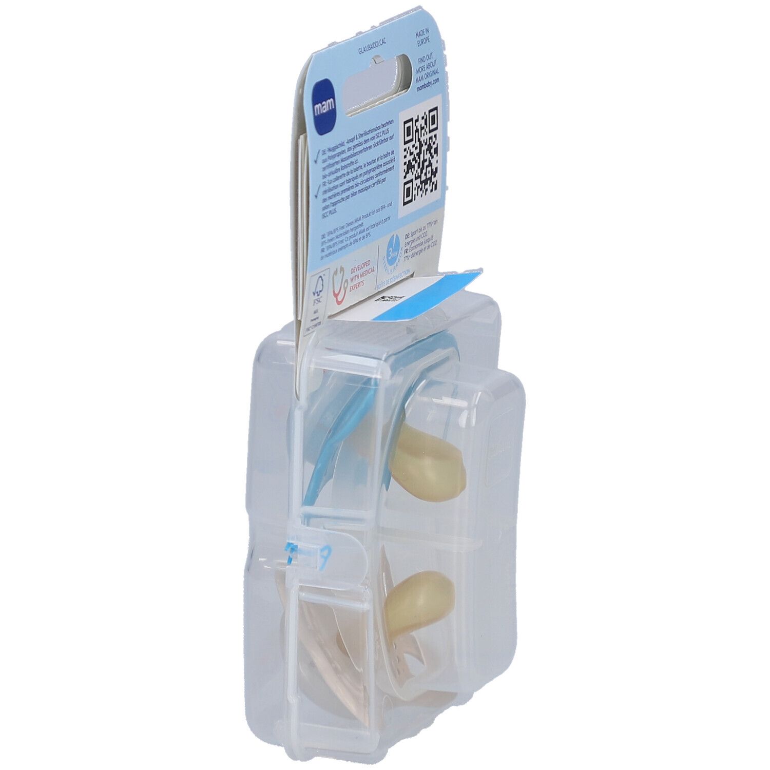 Verpackung mit zwei Schnullern. Marke MAM, Original Night. Ansicht von der Seite.