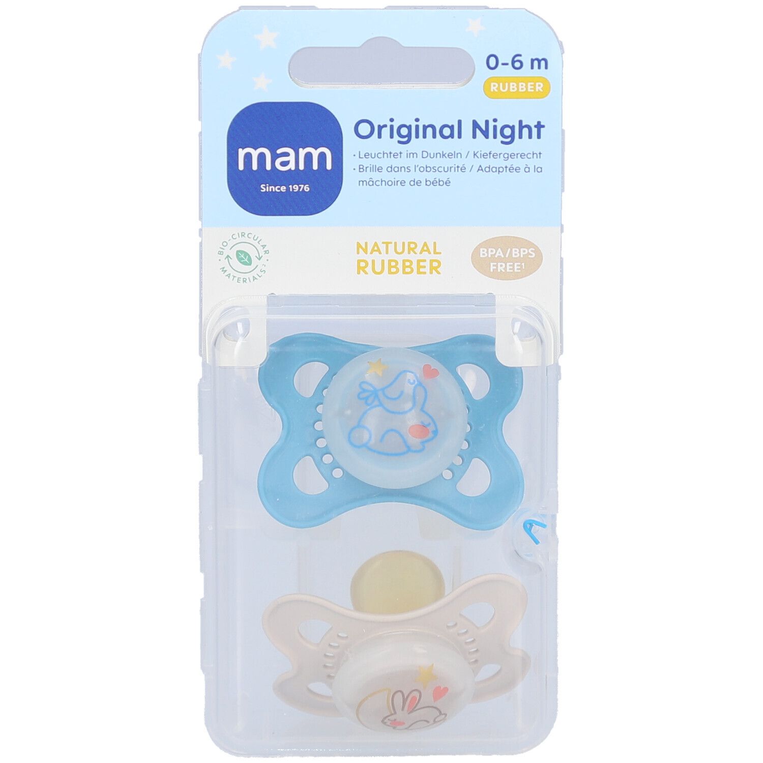 Zwei Schnuller in Verpackung. Marke MAM, Original Night. Blau und beige.