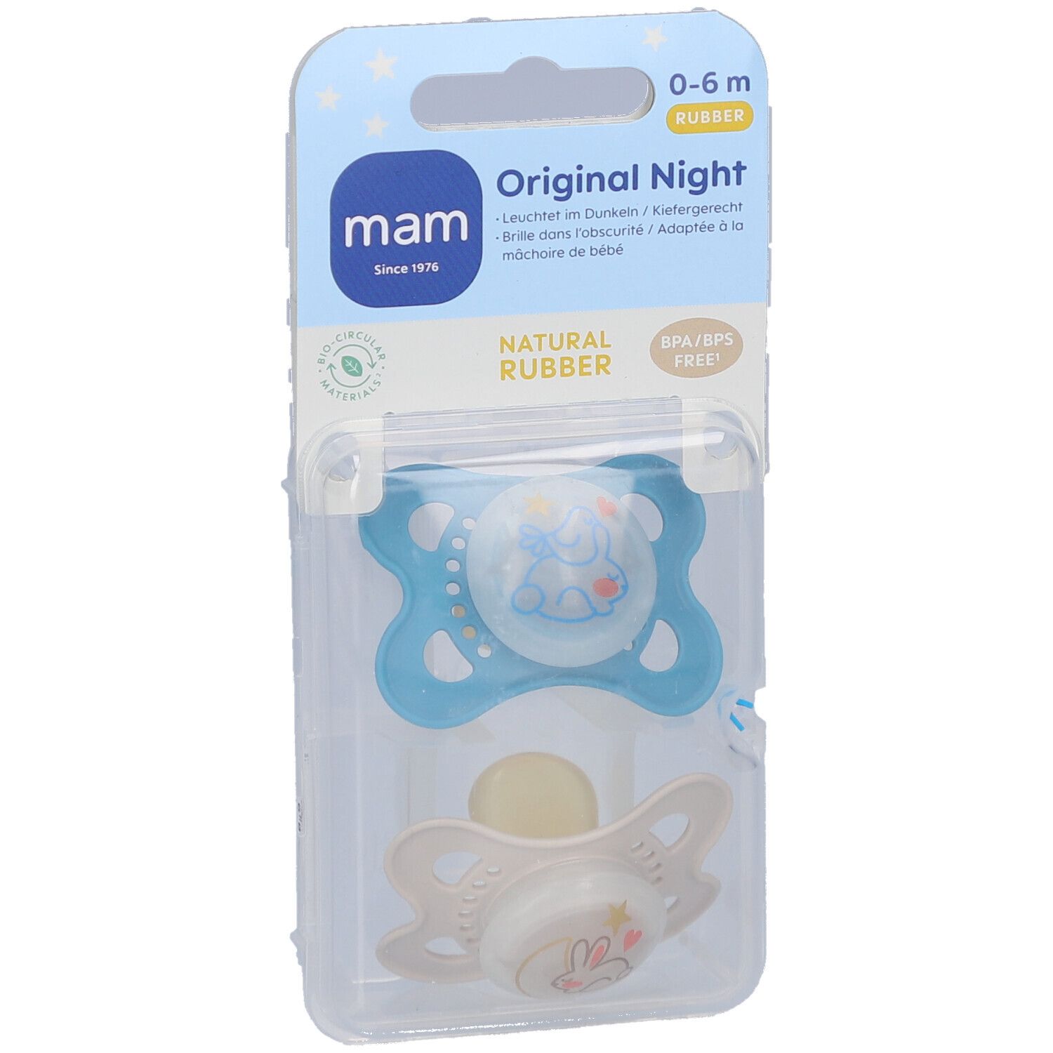 Zwei Schnuller in Verpackung. Marke MAM, Original Night. Blau und beige.