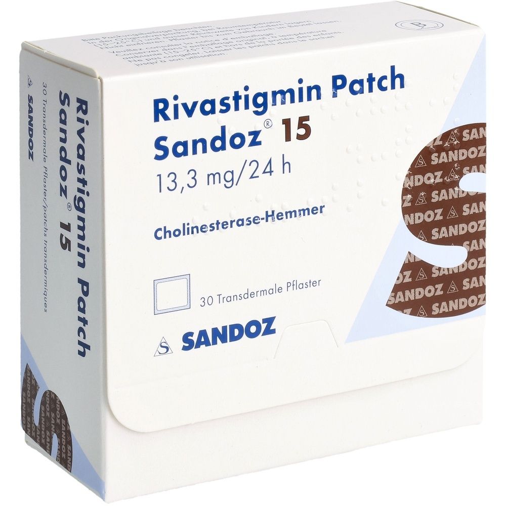 Verpackung von Rivastigmin Patch Sandoz 15. Aufschrift: 13,3 mg/24 h, 30 transdermale Pflaster. Marke Sandoz.