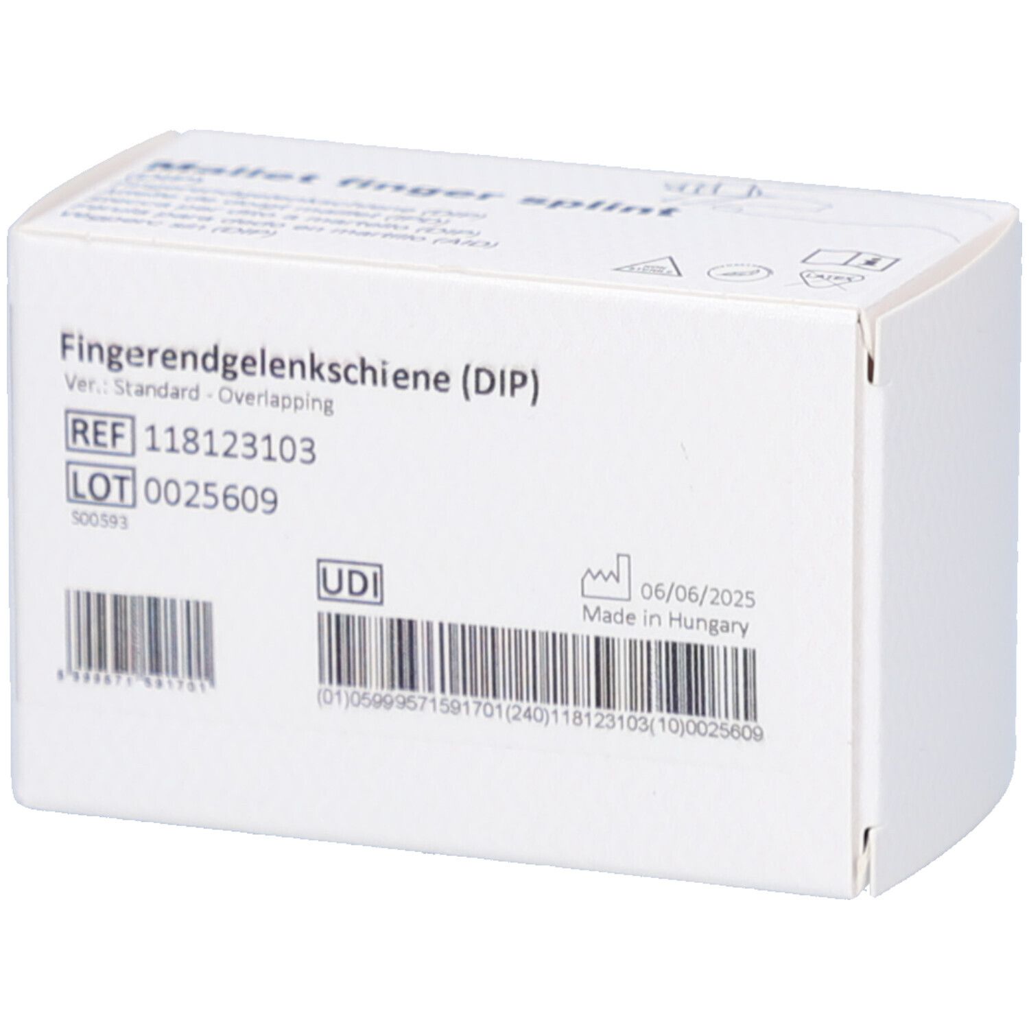 Emballage blanc avec informations produit. Attelle doigt en maillet (DIP). REF, LOT, code UDI, date de péremption.