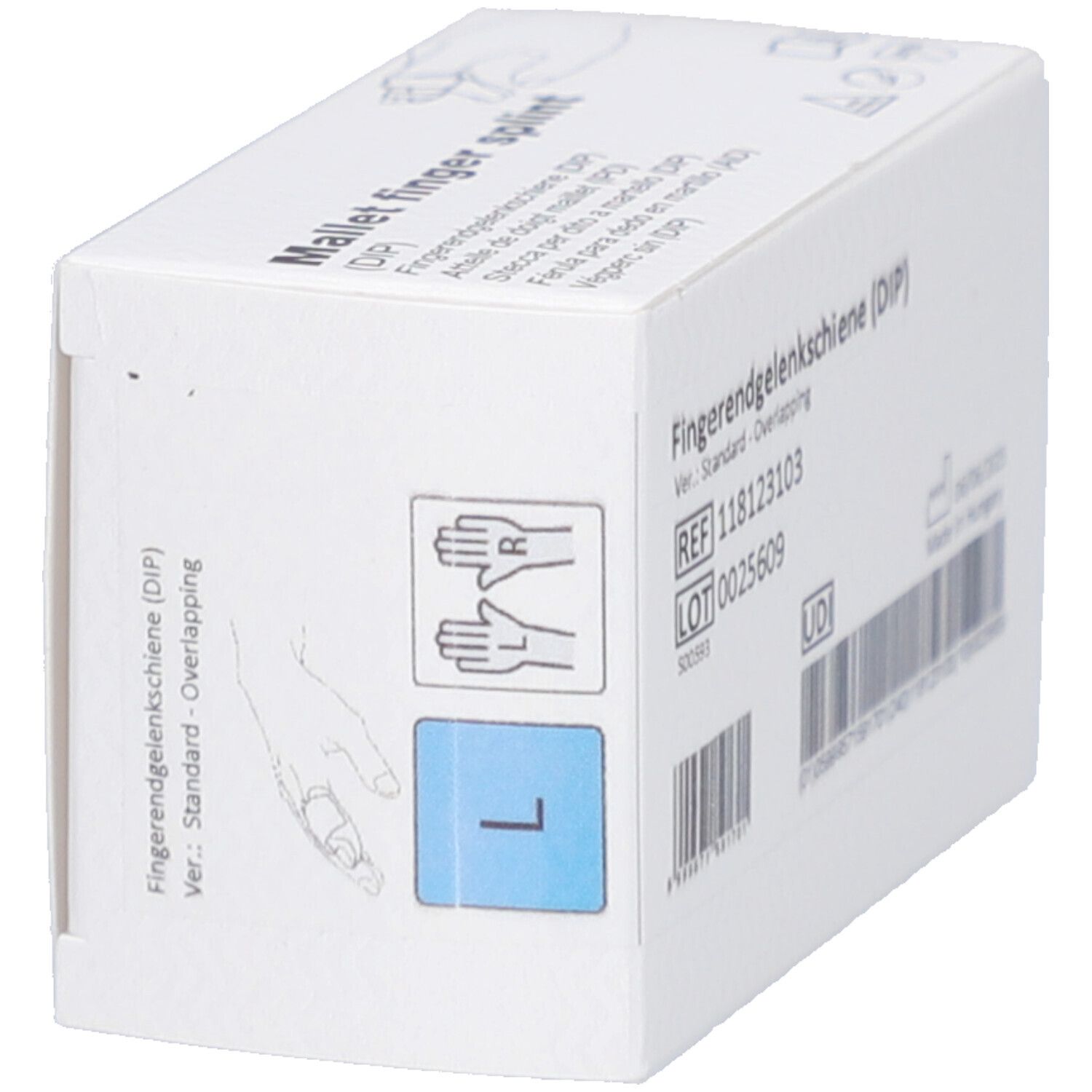 Emballage blanc avec informations produit. Attelle doigt en maillet (DIP). Taille L. Illustration de la main.