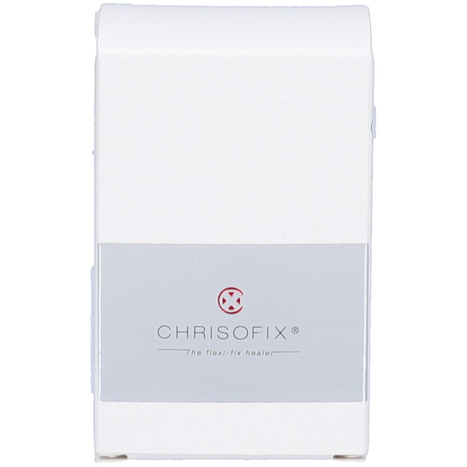 Emballage blanc avec logo CHRISOFIX. Bande grise. The flexi-fix healer.