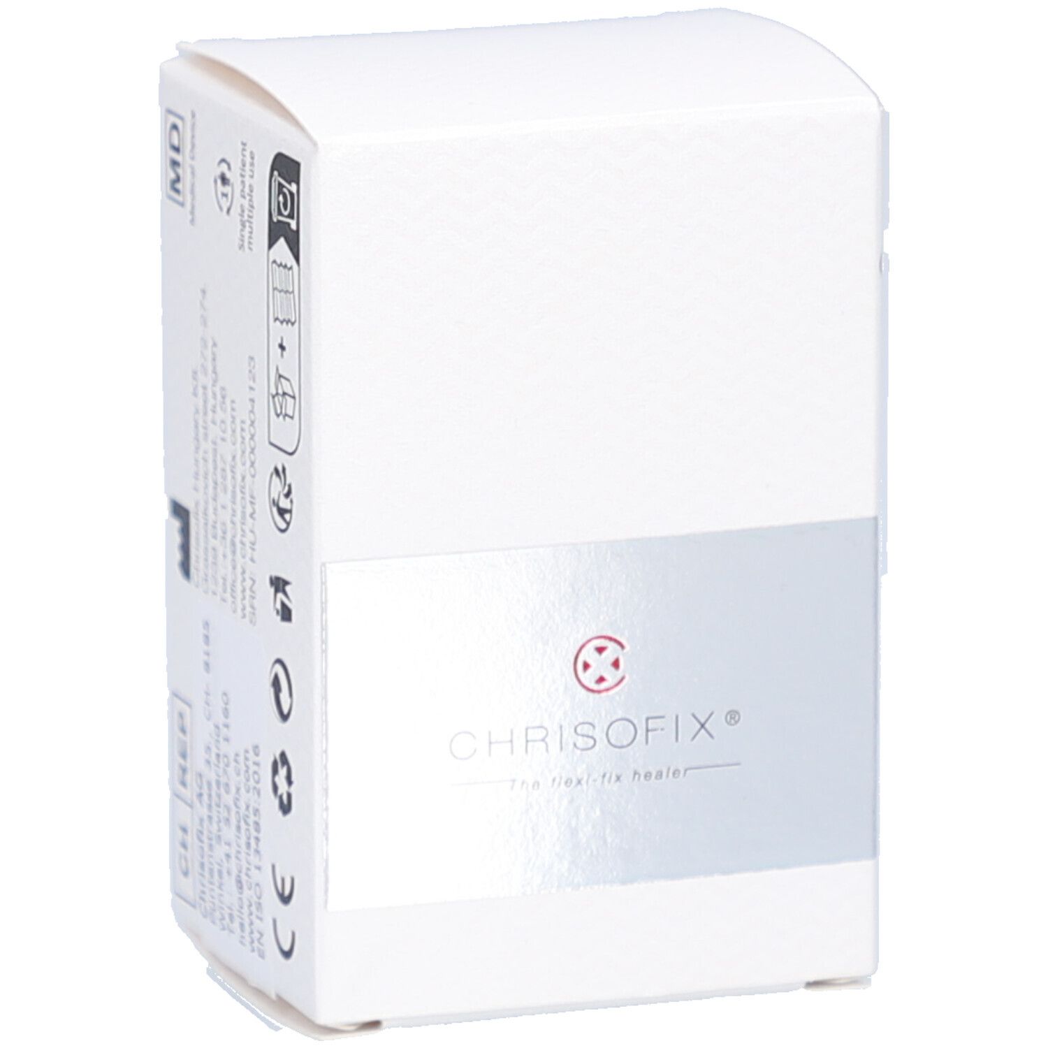 Emballage blanc avec logo CHRISOFIX. Bande grise. Dispositif médical. Informations sur le côté.
