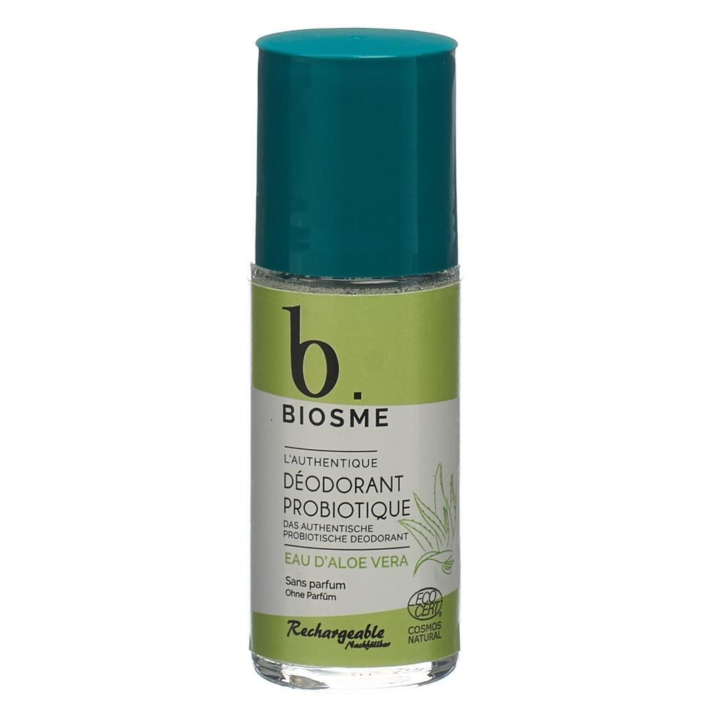 Roll-on-Deodorant mit grünem Deckel. Aufschrift: BIOSME, L'AUTHENTIQUE DÉODORANT PROBIOTIQUE, EAU D'ALOE VERA. Ohne Parfum. COSMOS NATURAL-Zertifizierung.