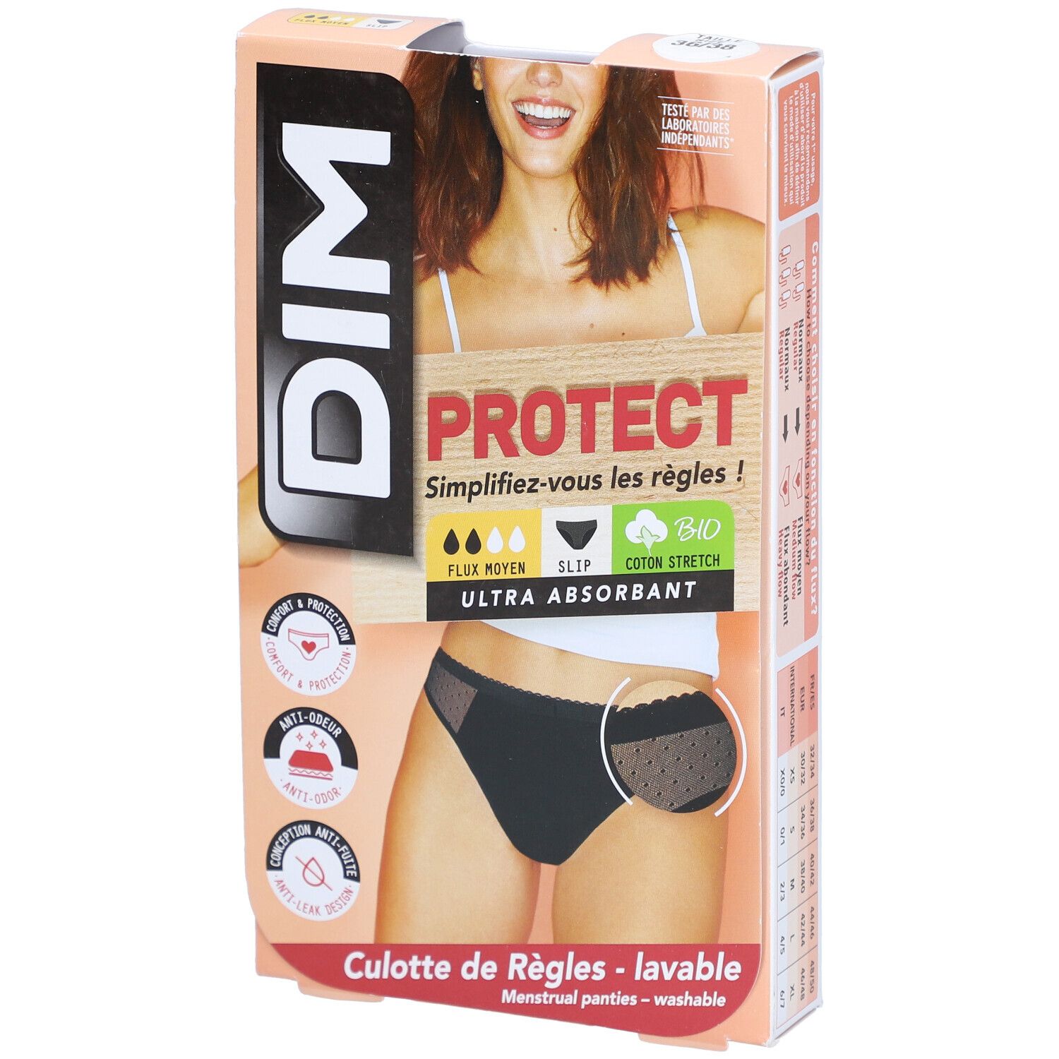 DIM Culotte de Règles en coton bio Lavable - Slip Lace Noir 36-38 - Flux Moyen