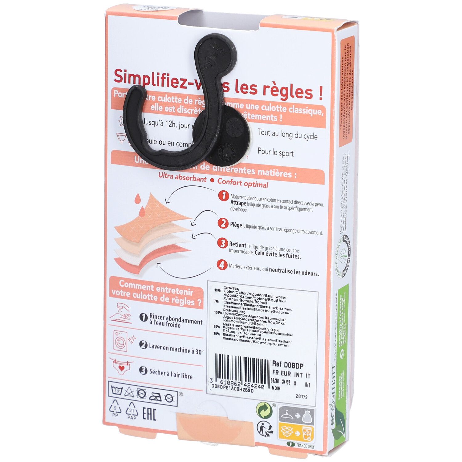 DIM Culotte de Règles en coton bio Lavable - Slip Lace Noir 36-38 - Flux Moyen