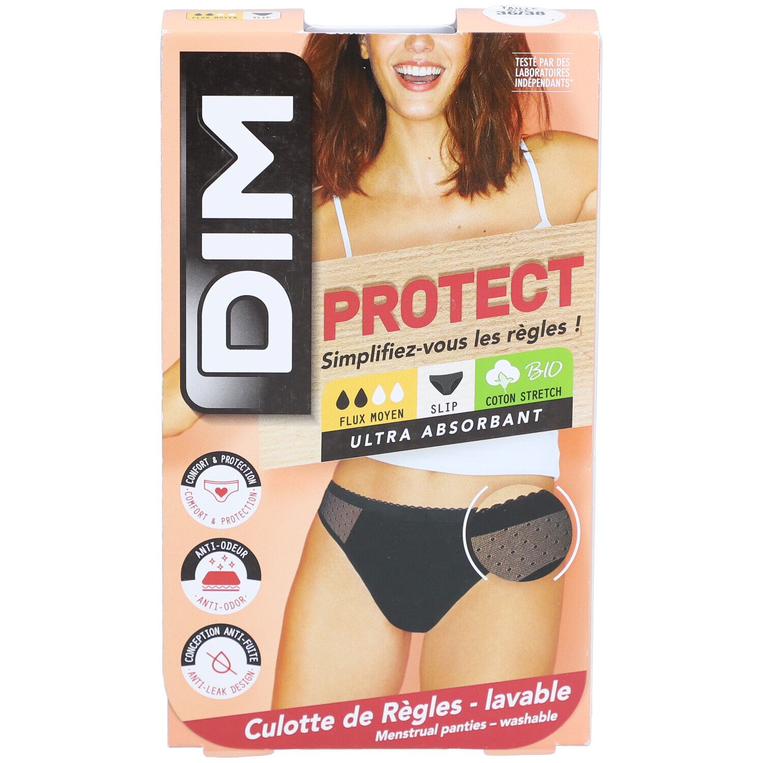 DIM Culotte de Règles en coton bio Lavable - Slip Lace Noir 36-38 - Flux Moyen