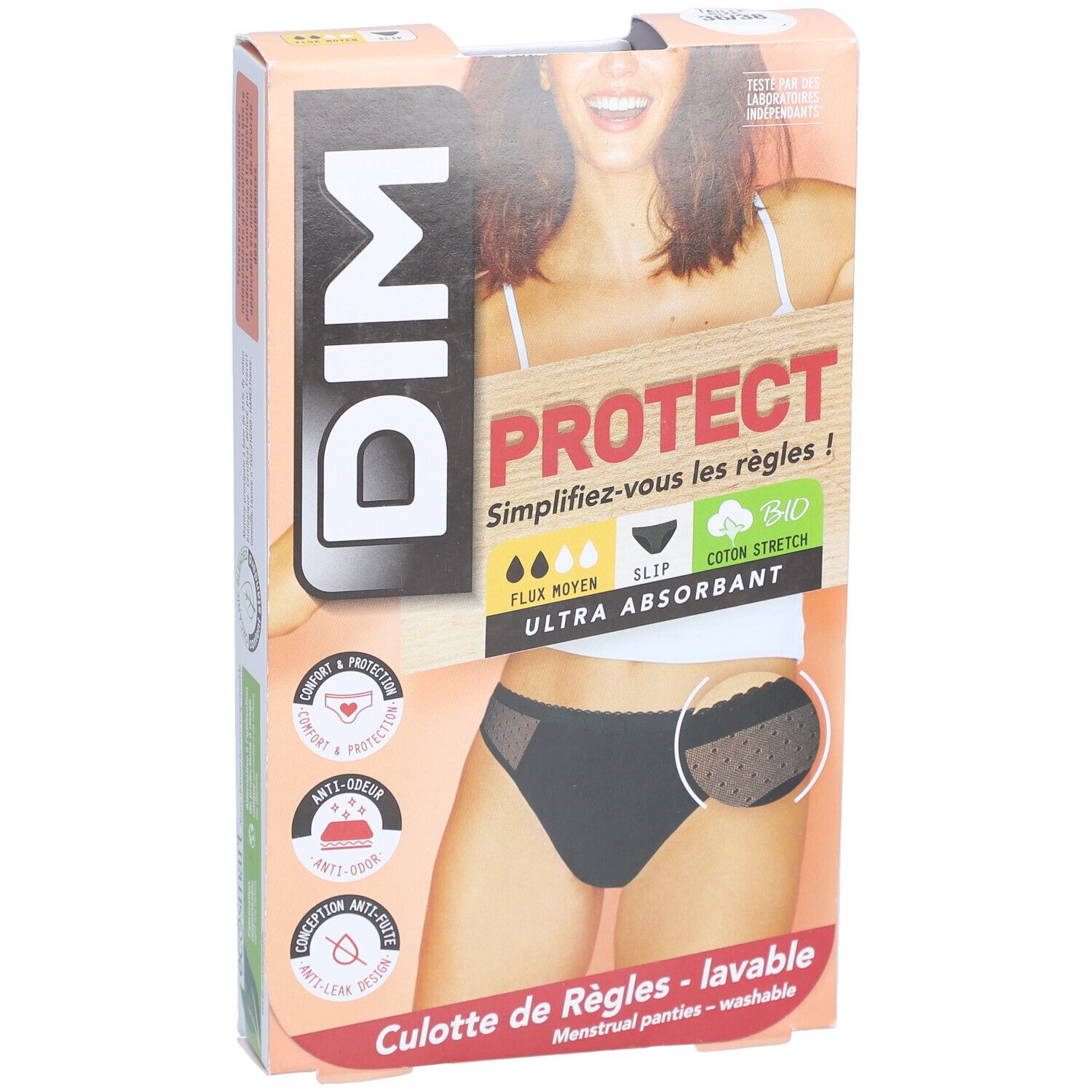 DIM Culotte de Règles en coton bio Lavable - Slip Lace Noir 36-38 - Flux Moyen