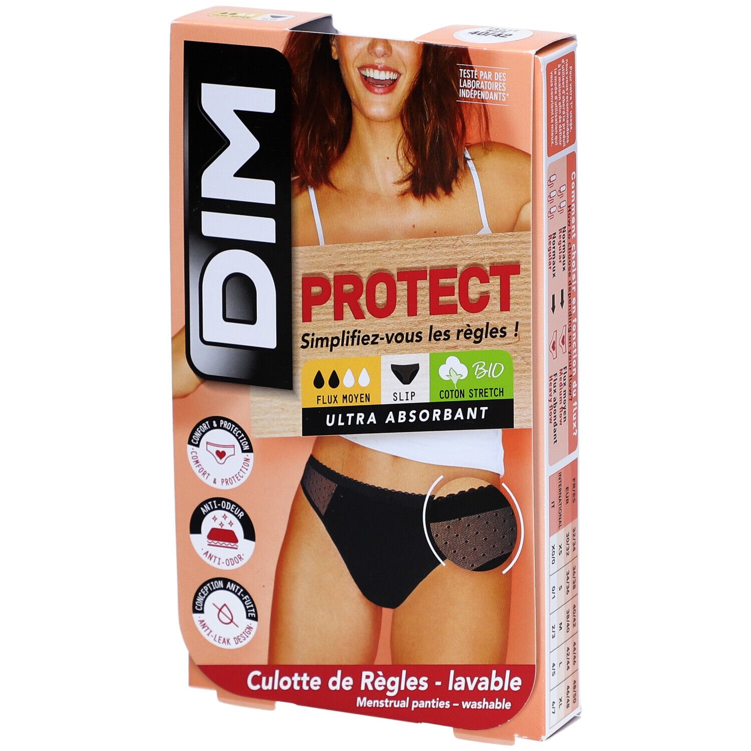 Boîte de culotte menstruelle DIM Protect. Slip noir en dentelle, coton bio, flux moyen, ultra absorbant.
