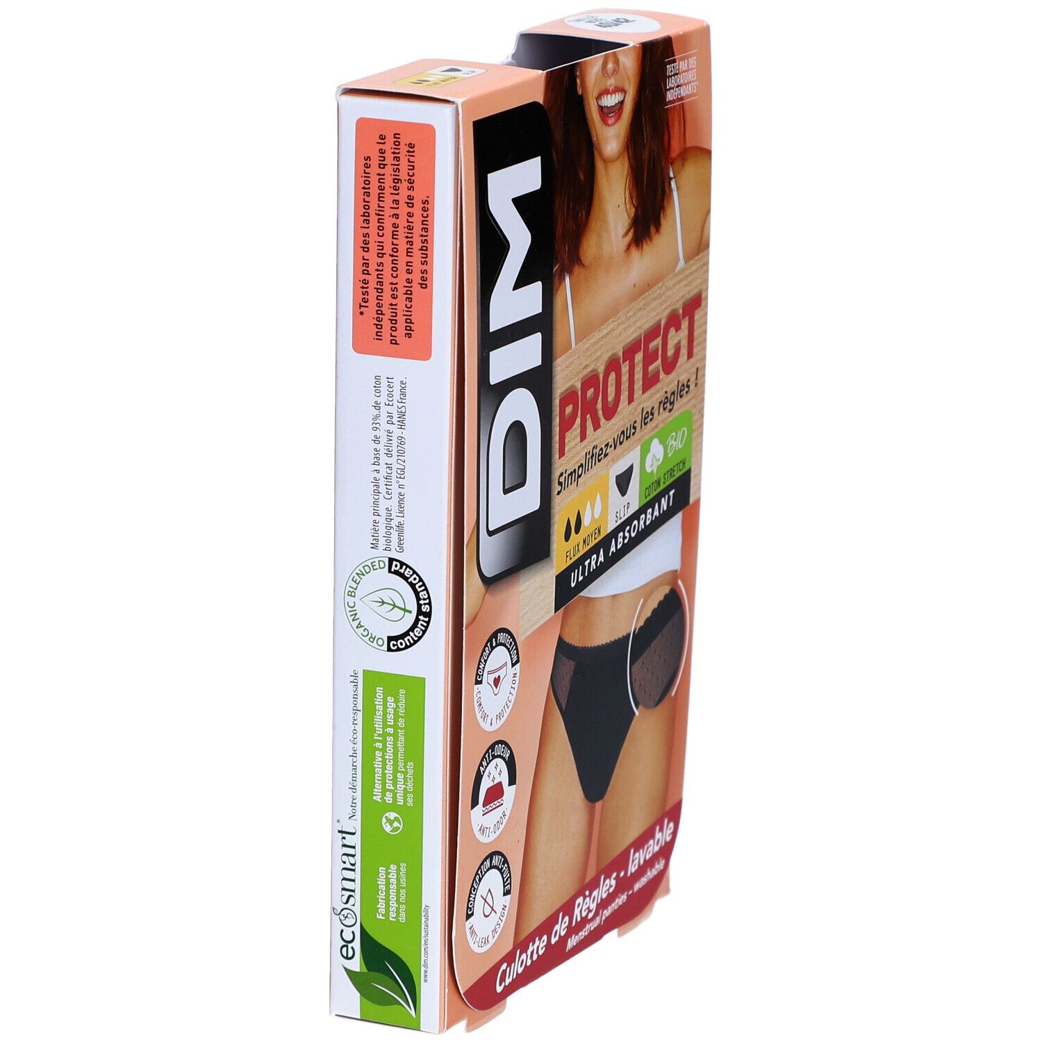 Côté de la boîte de culotte menstruelle DIM Protect. Informations produit, coton bio, ultra absorbant, lavable.