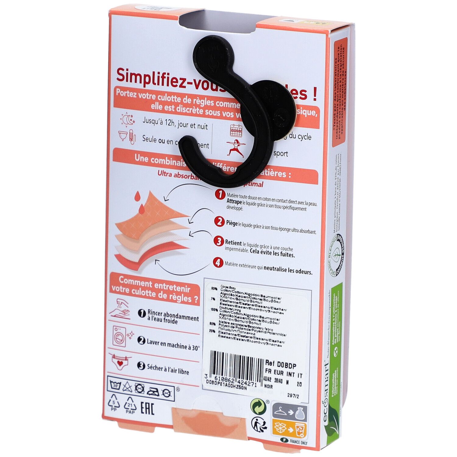 Dos de la boîte de culotte menstruelle DIM Protect. Caractéristiques, instructions de lavage, informations de taille.