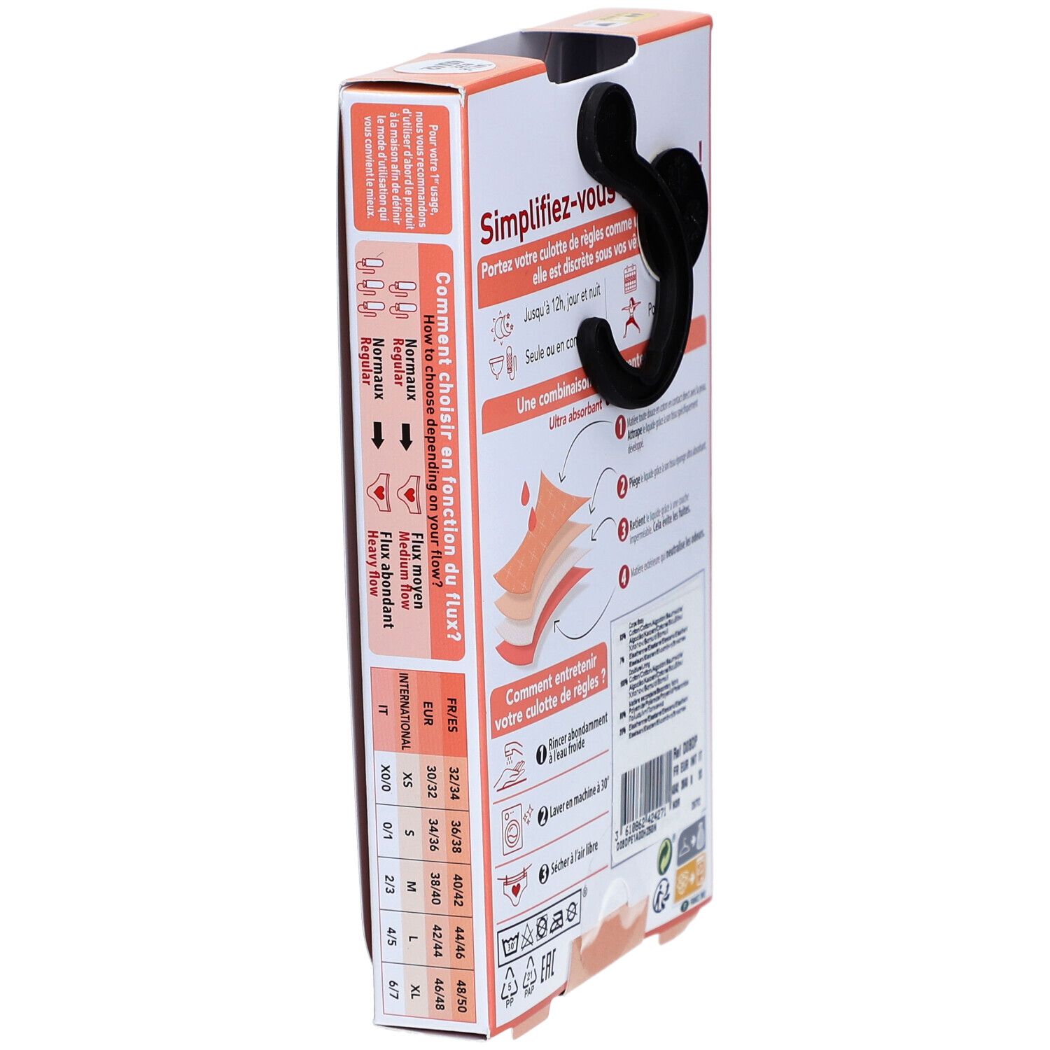 Côté de la boîte de culotte menstruelle DIM Protect. Informations de taille, flux, instructions de lavage.